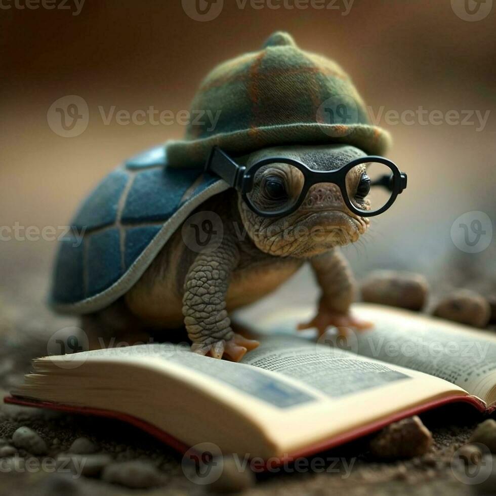 A turtle wearing glasses and a hat  reads books. Generative AI. photo