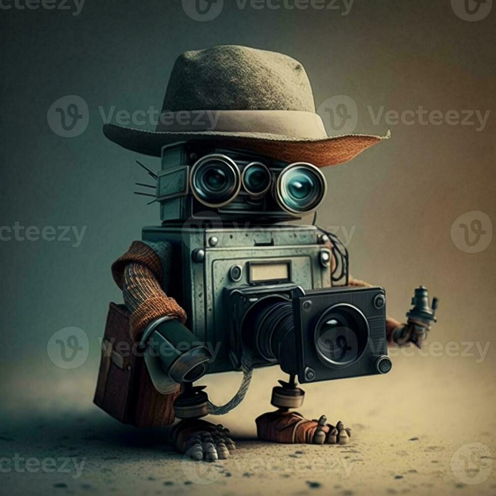A cool standing robot wearing glasses and a hat holding a camera poses,preparing for an advertisement. generative ai. photo