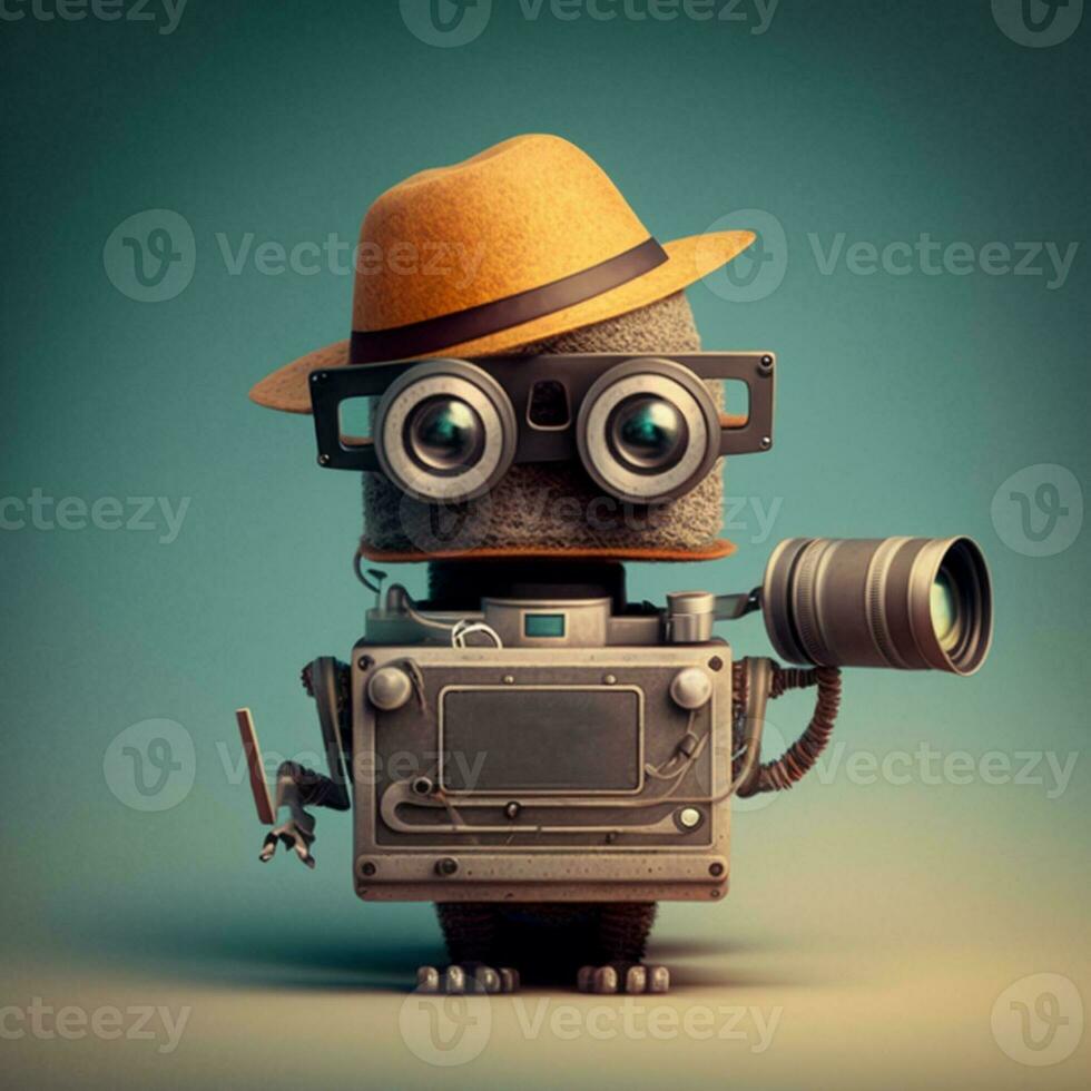 A cool standing robot wearing glasses and a hat holding a camera poses,preparing for an advertisement. generative ai. photo