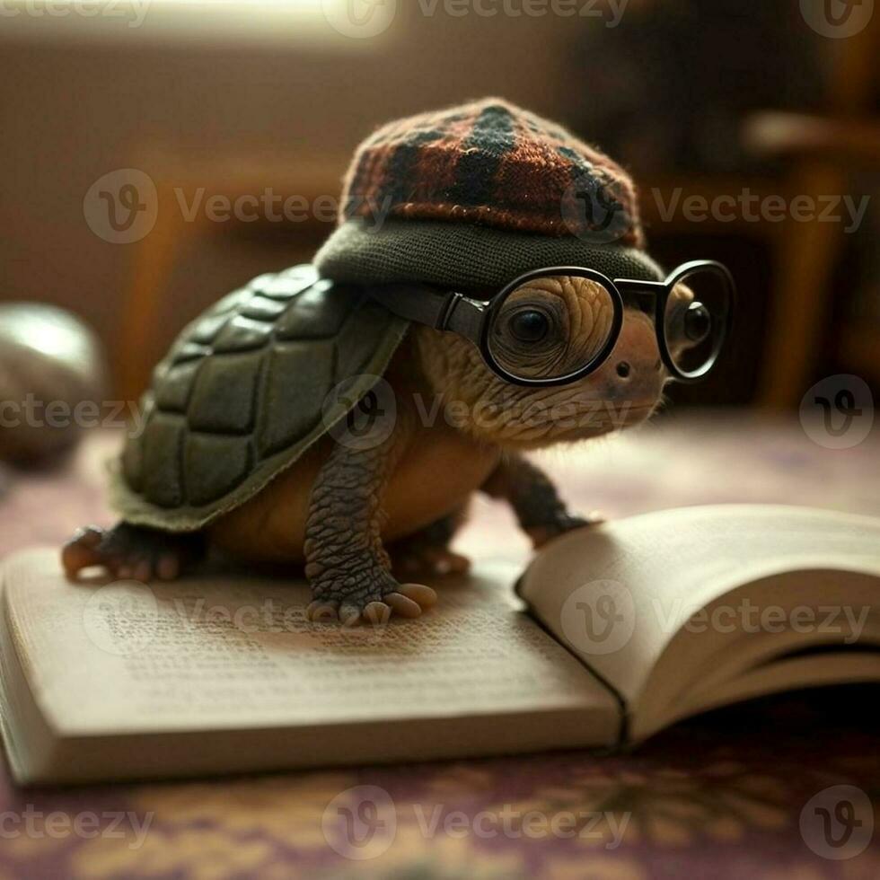 un Tortuga vistiendo lentes y un sombrero lee libros. generativo ai. foto