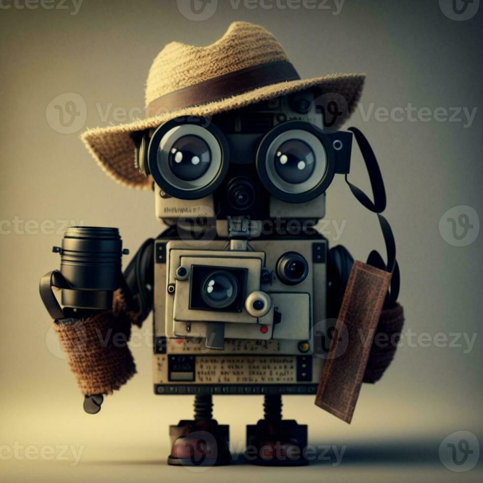 A cool standing robot wearing glasses and a hat holding a camera poses,preparing for an advertisement. generative ai. photo