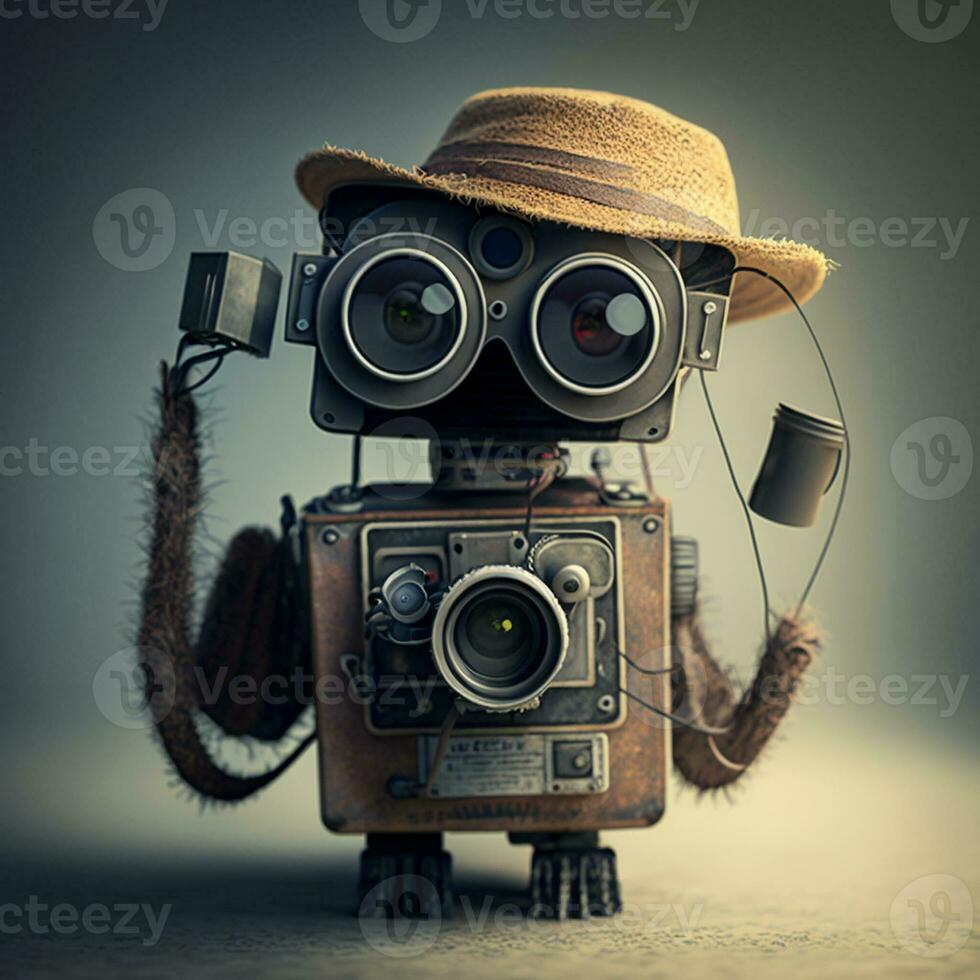 A cool standing robot wearing glasses and a hat holding a camera poses,preparing for an advertisement. generative ai. photo