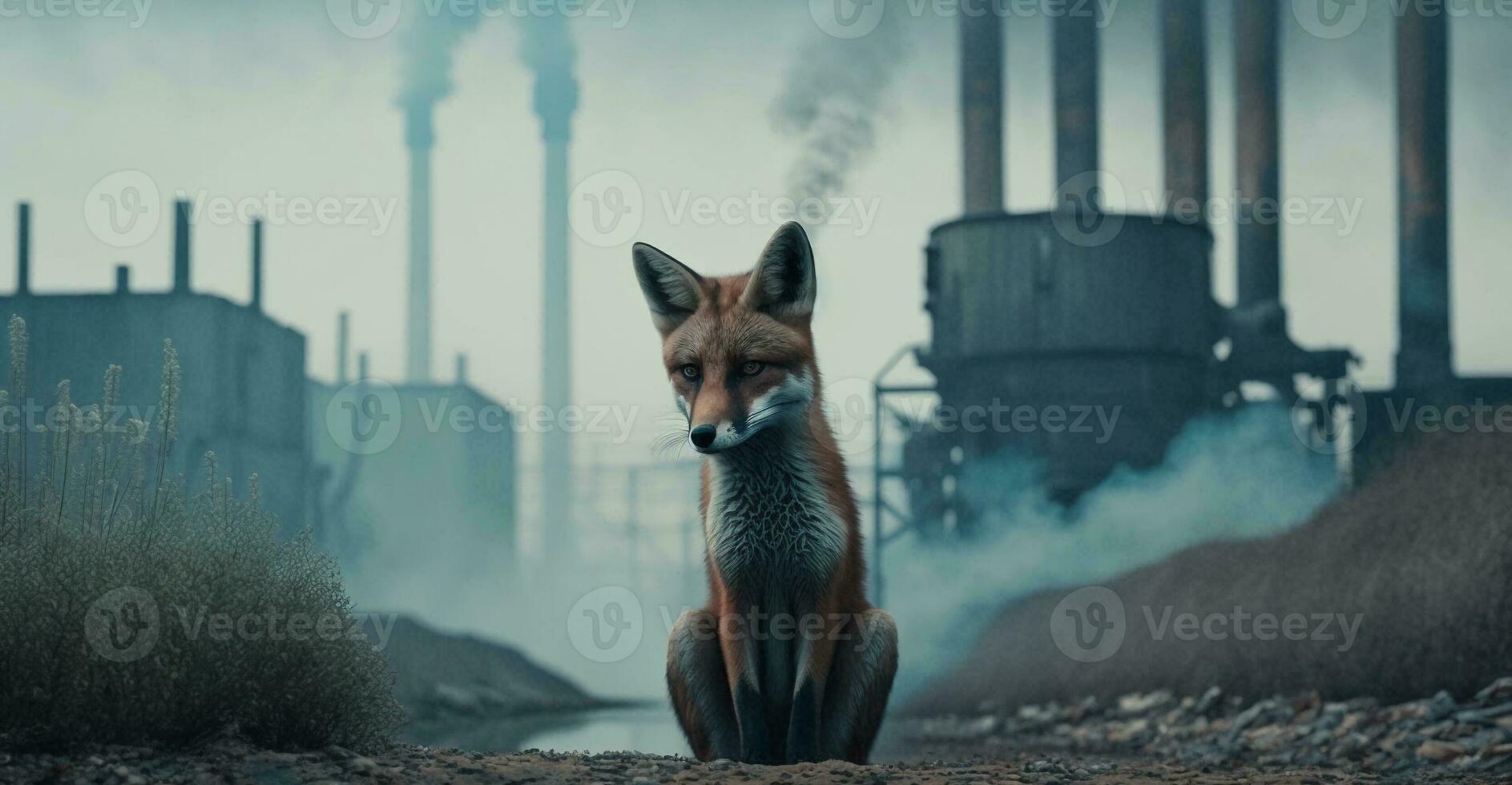 the fox is ahead dense smog from a chemical factory. Generative AI. photo