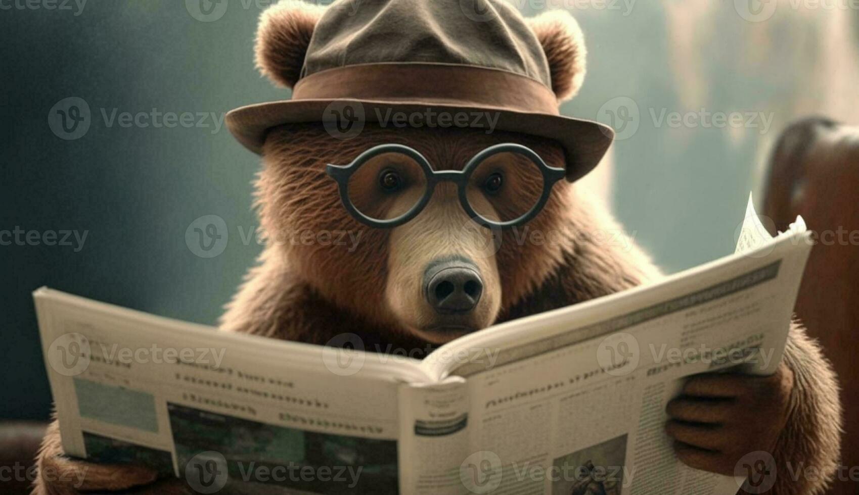 A bear wearing glasses and a hat sits and reads books. Generative AI. photo