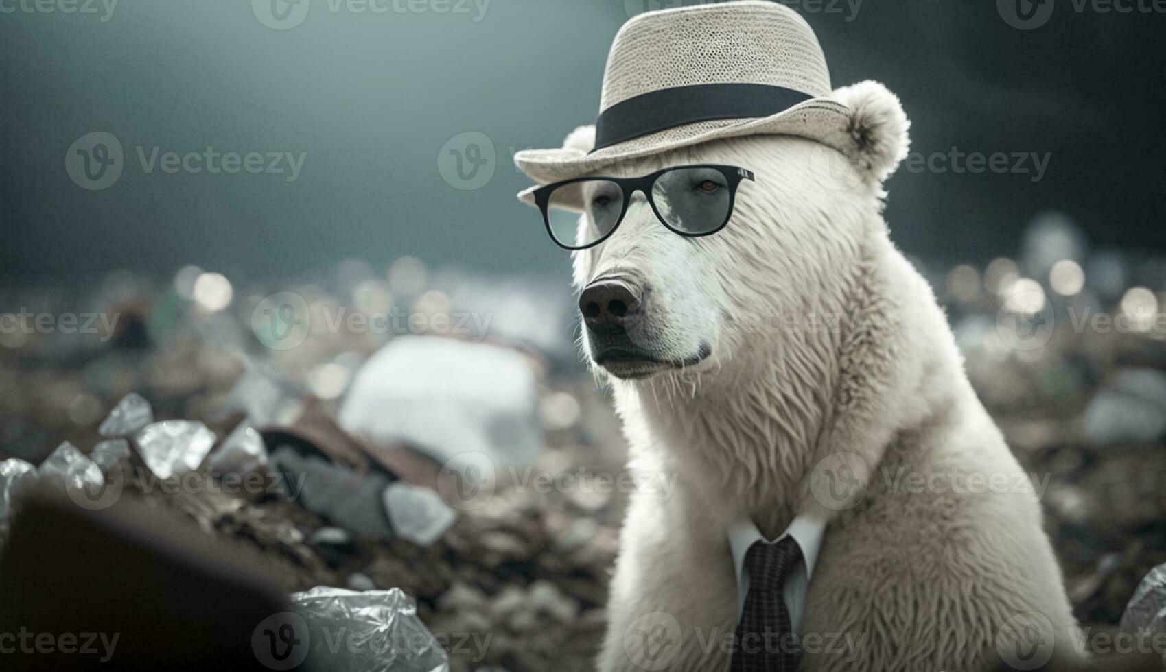 A white bear wearing glasses and a hat in the middle of a pile of plastic waste. Generative AI. photo