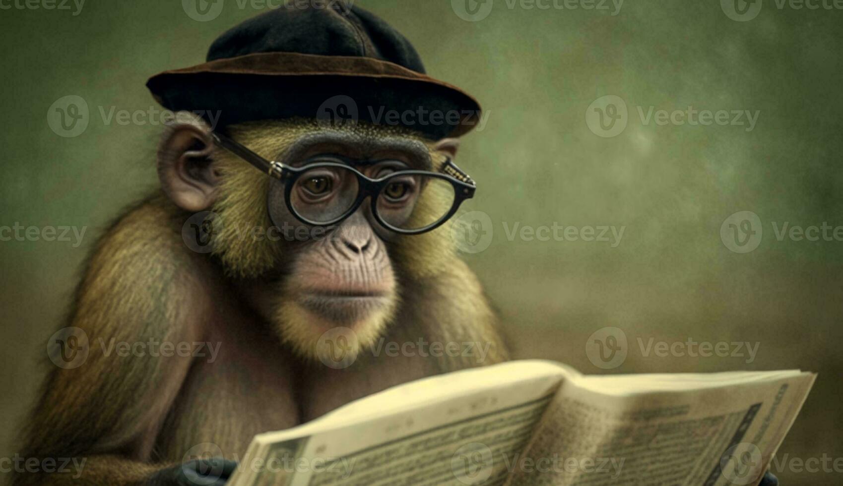 A coolly dressed monkey wearing a hat and glasses sits and reads a book. Generative AI. photo