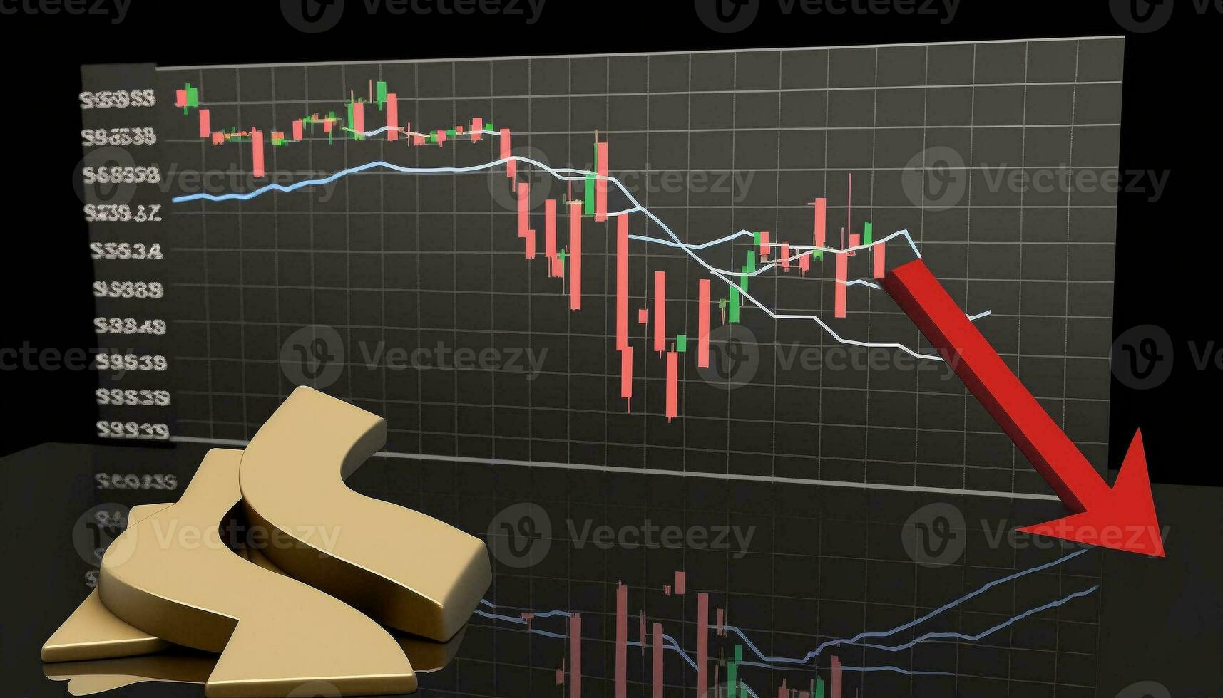 An image of the dollar rate cut. Money symbol with arrow stretched down, profit reduction, income, economy and income, icons for business concepts. Generative AI. photo