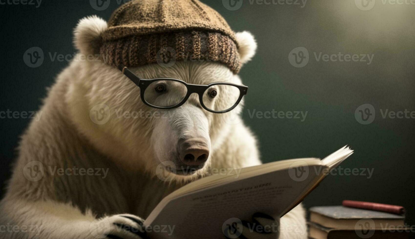 A white bear wearing glasses and a hat sits and reads books. Generative AI. photo