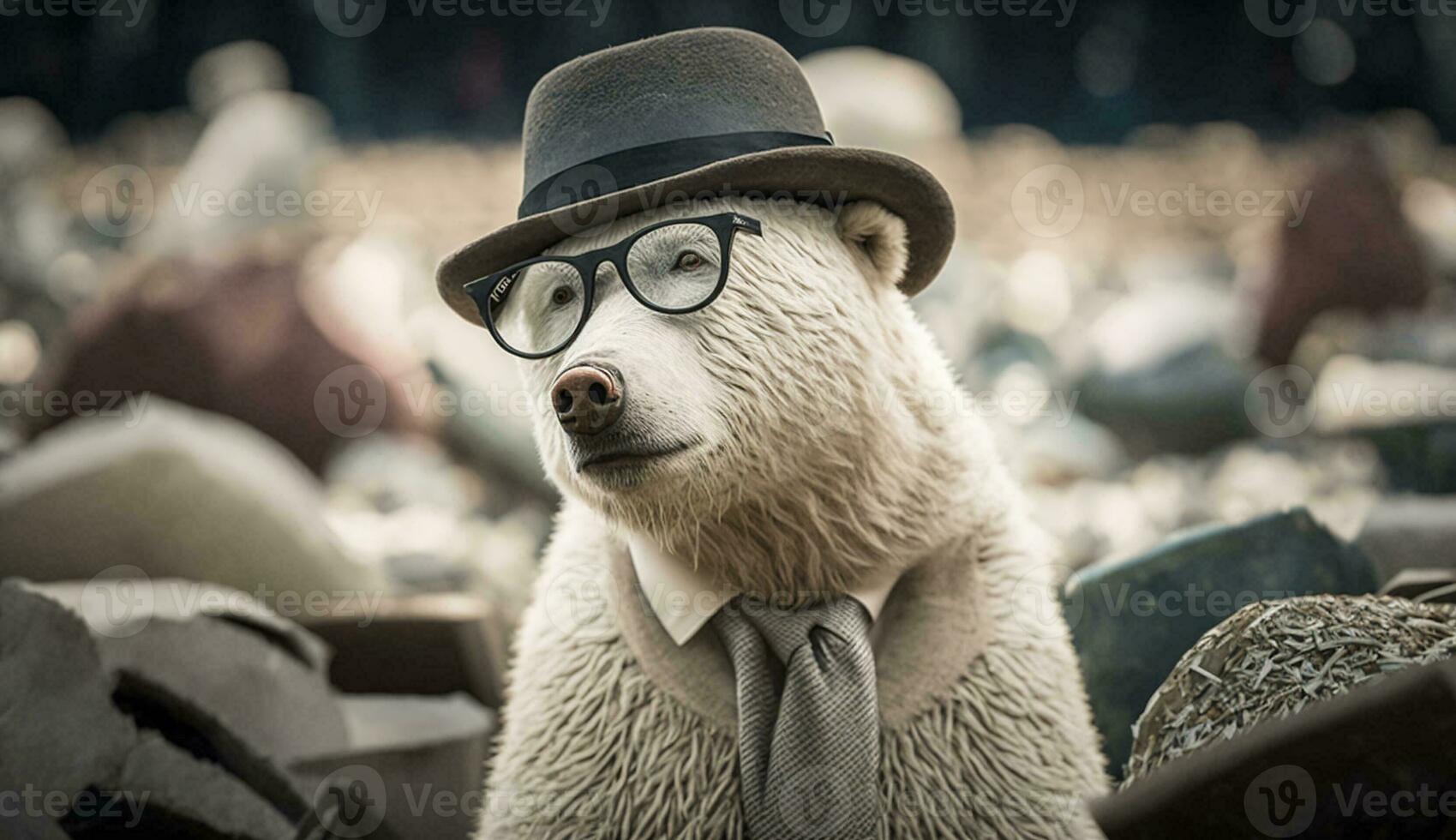 A white bear wearing glasses and a hat in the middle of a pile of plastic waste. Generative AI. photo