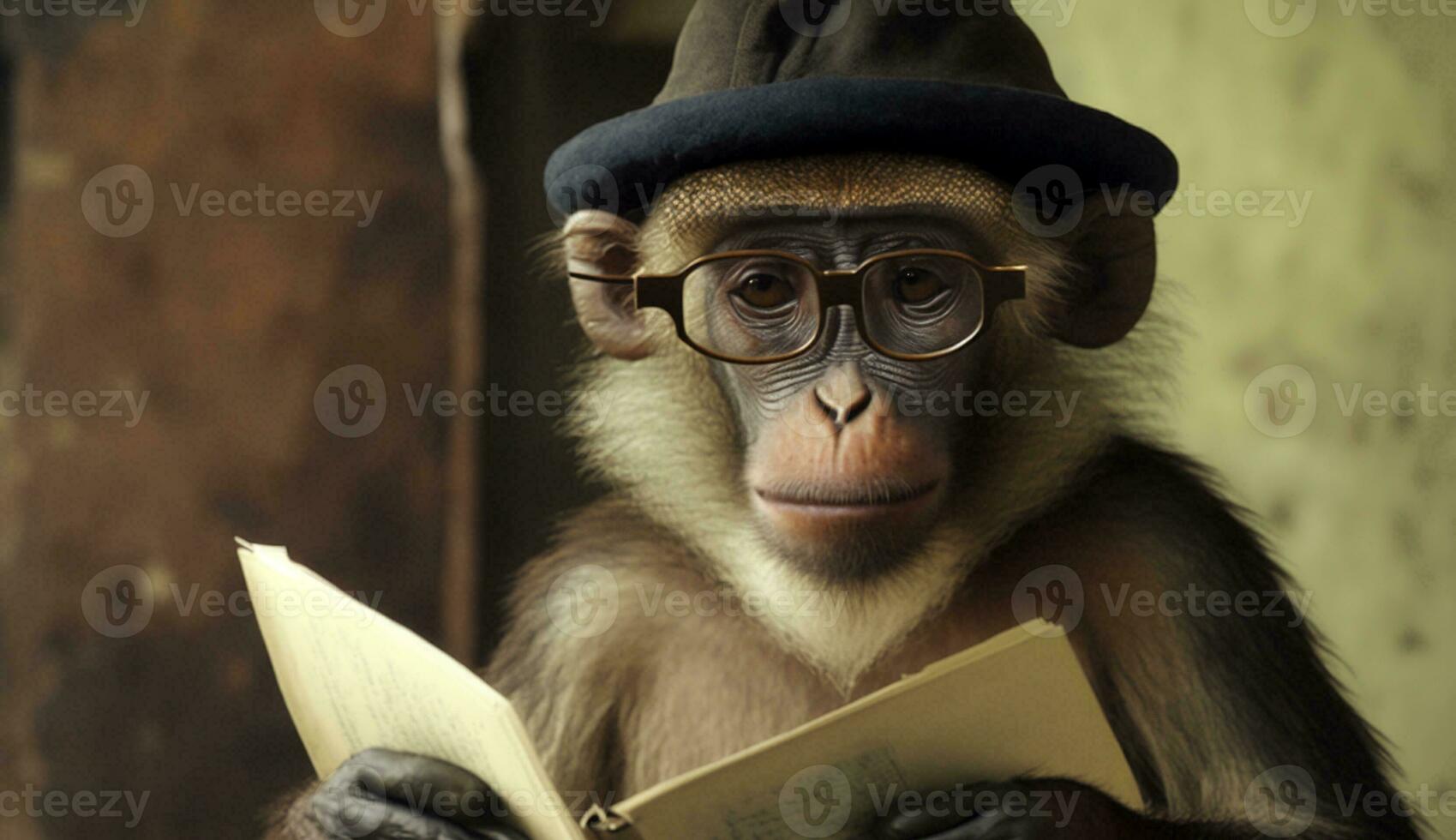 A coolly dressed monkey wearing a hat and glasses sits and reads a book. Generative AI. photo