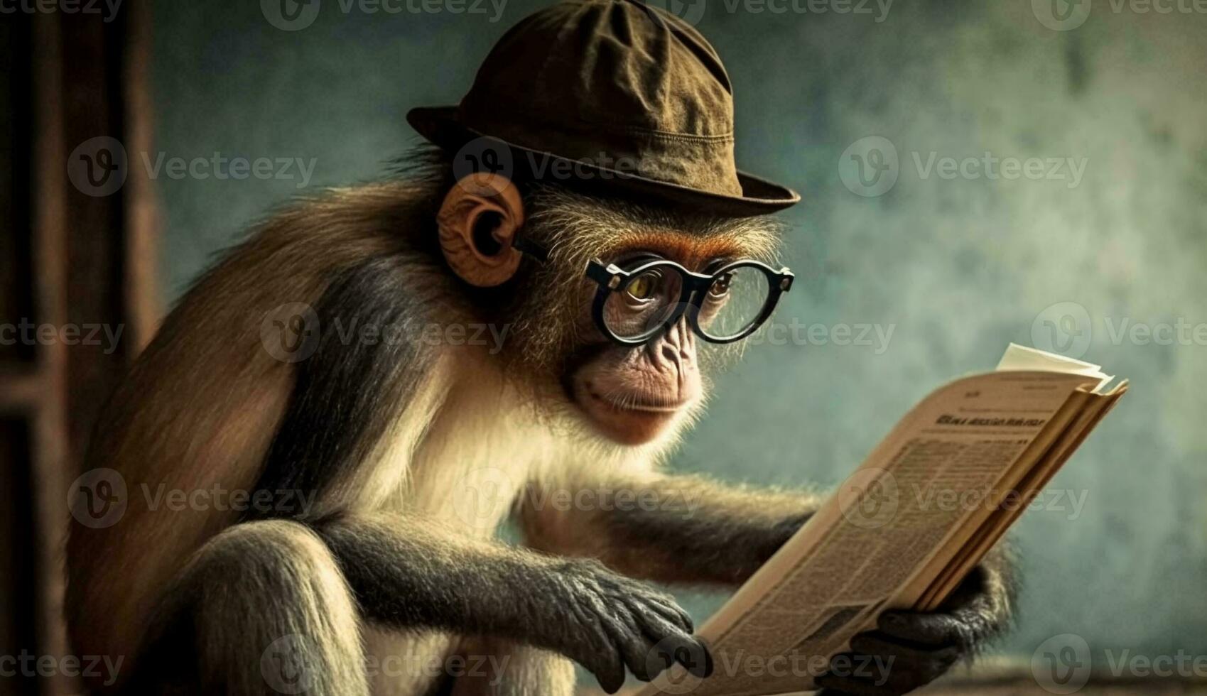 A coolly dressed monkey wearing a hat and glasses sits and reads a book. Generative AI. photo