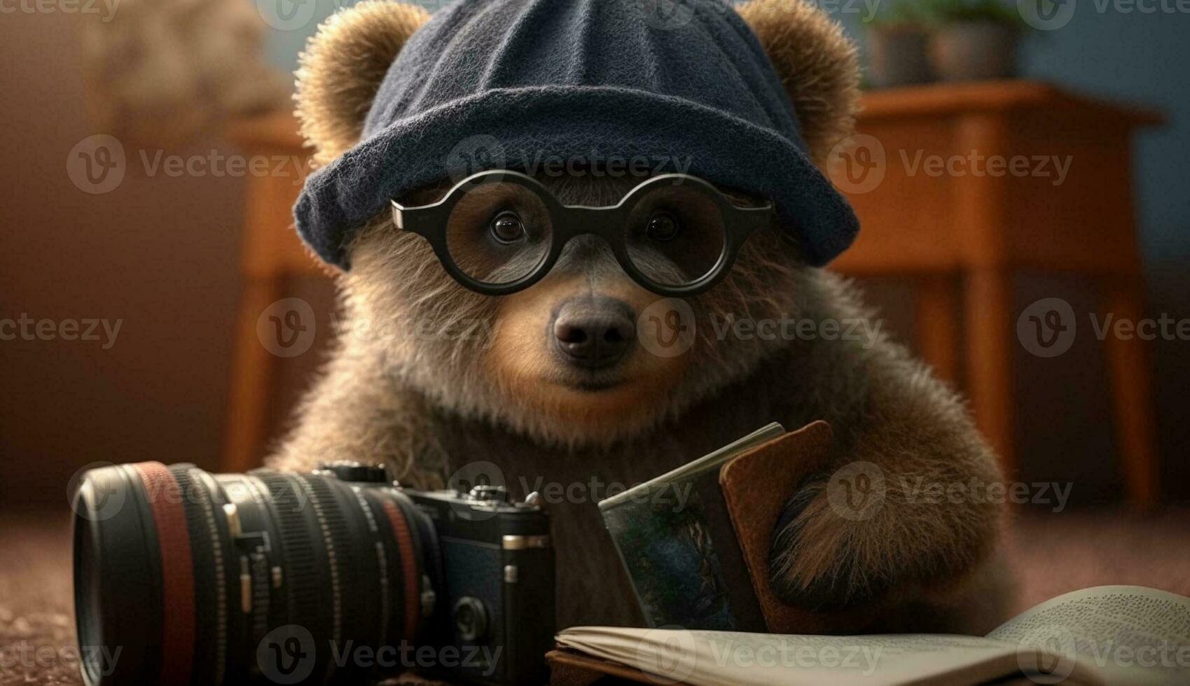 A bear wearing glasses holding a camera poses for a photo, photo