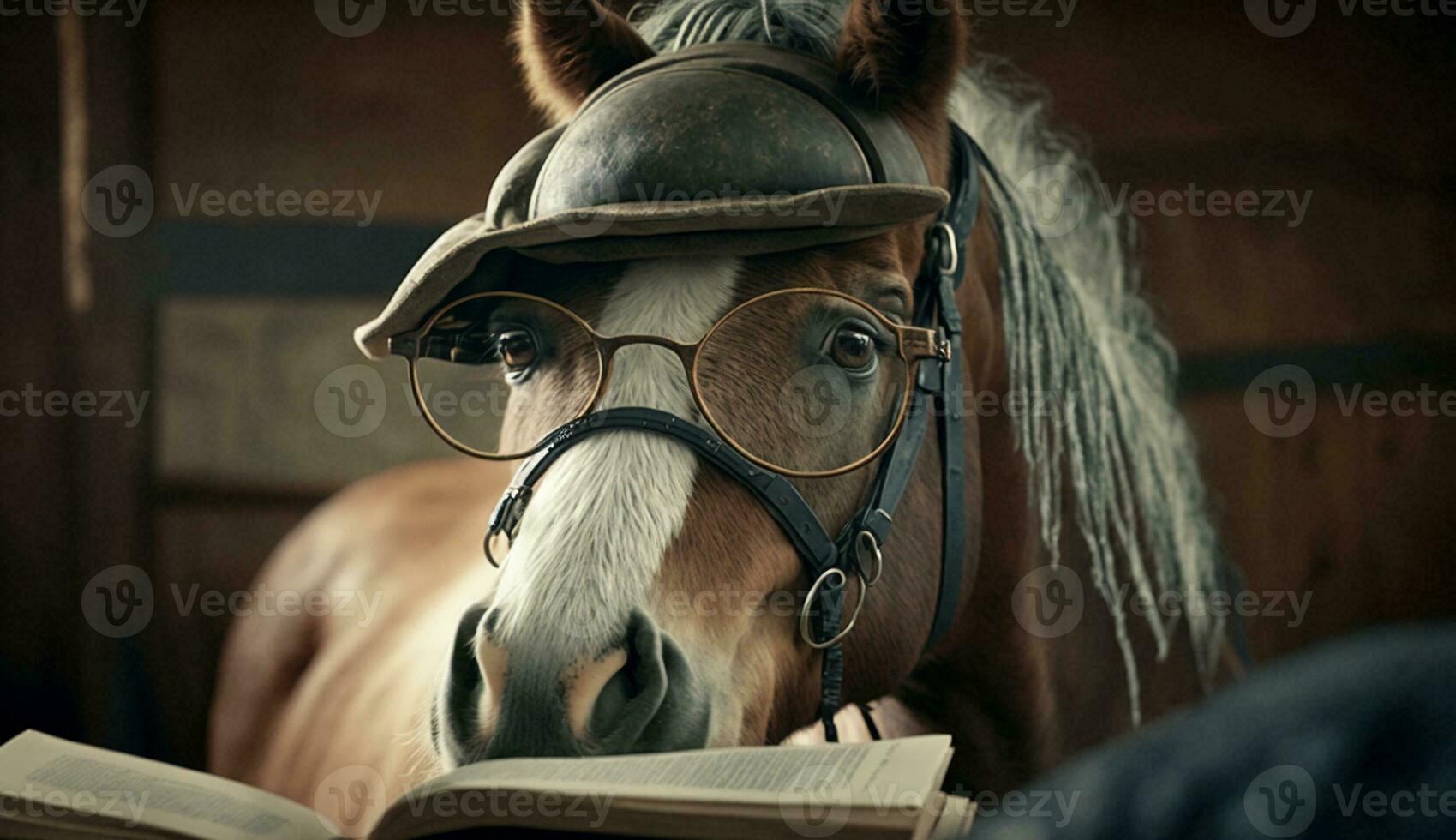 A white-brown horse standing cool wearing glasses and a hat. Generative AI. photo