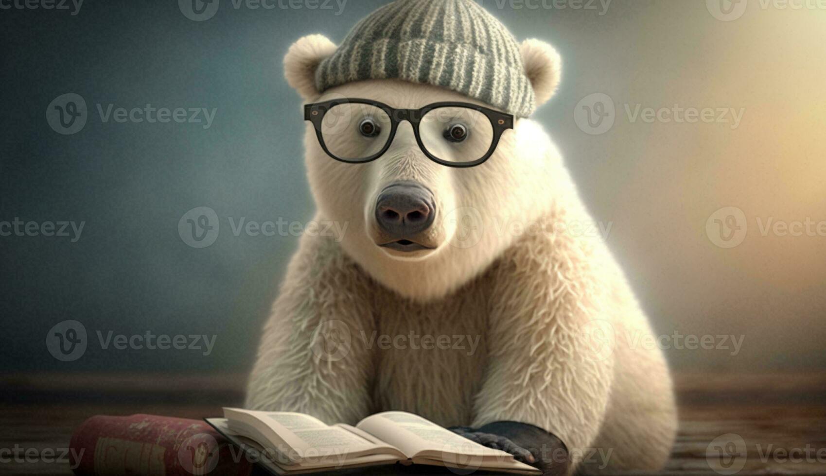 A white bear wearing glasses and a hat sits and reads books. Generative AI. photo