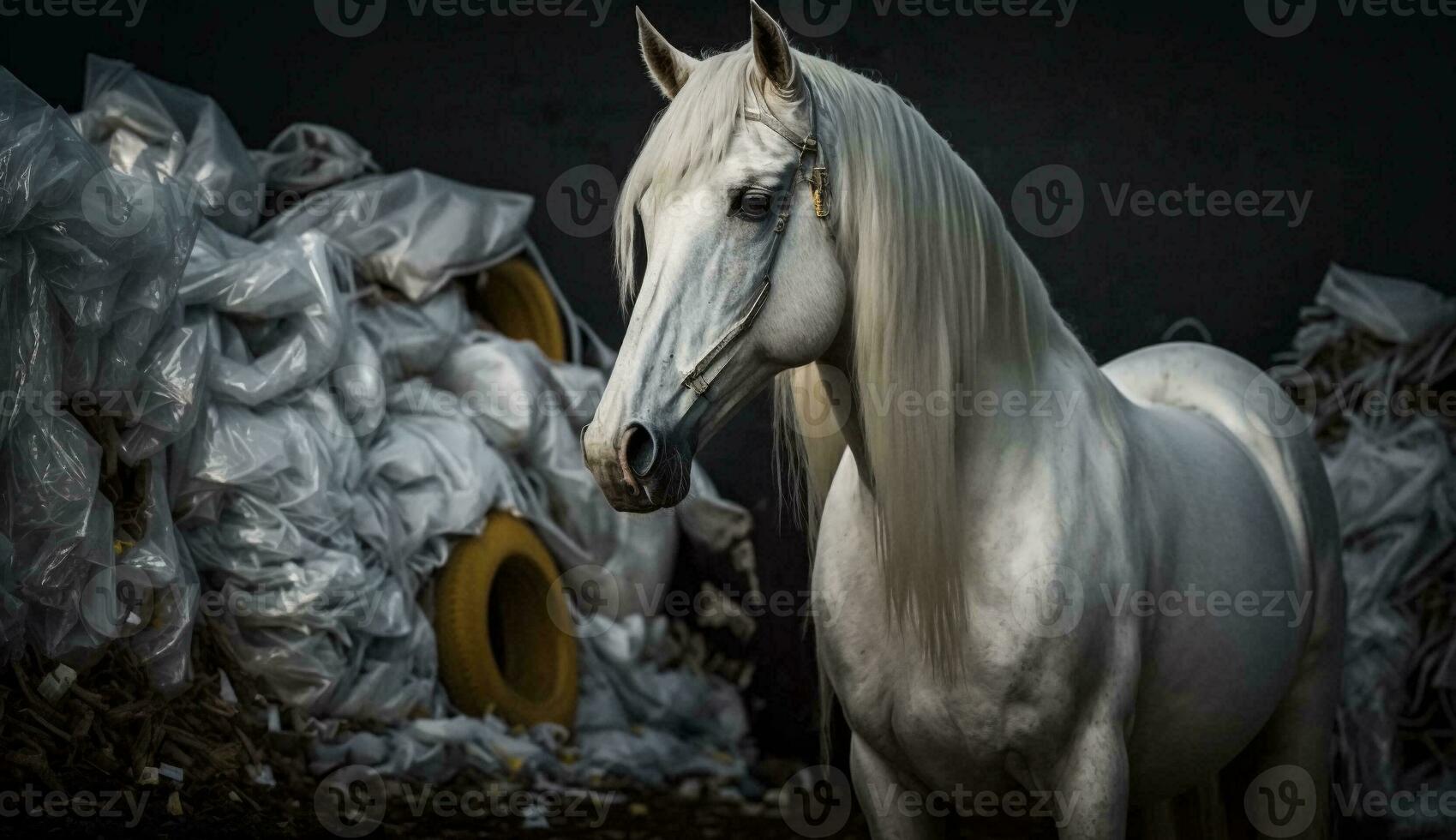 white horse stands near a pile of plastic with looking for food and accommodation, Concept of saving the world. Generative AI. photo