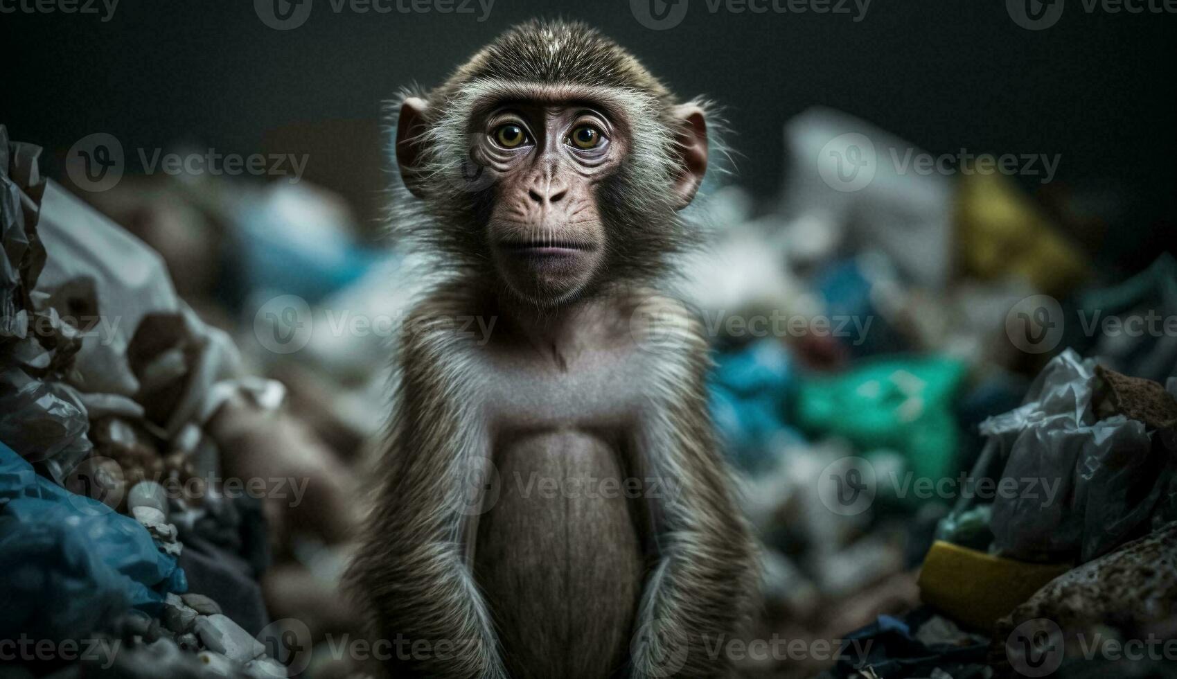 A monkey standing among the piles of plastic with looking for food and accommodation, Concept of saving the world. Generative AI. photo