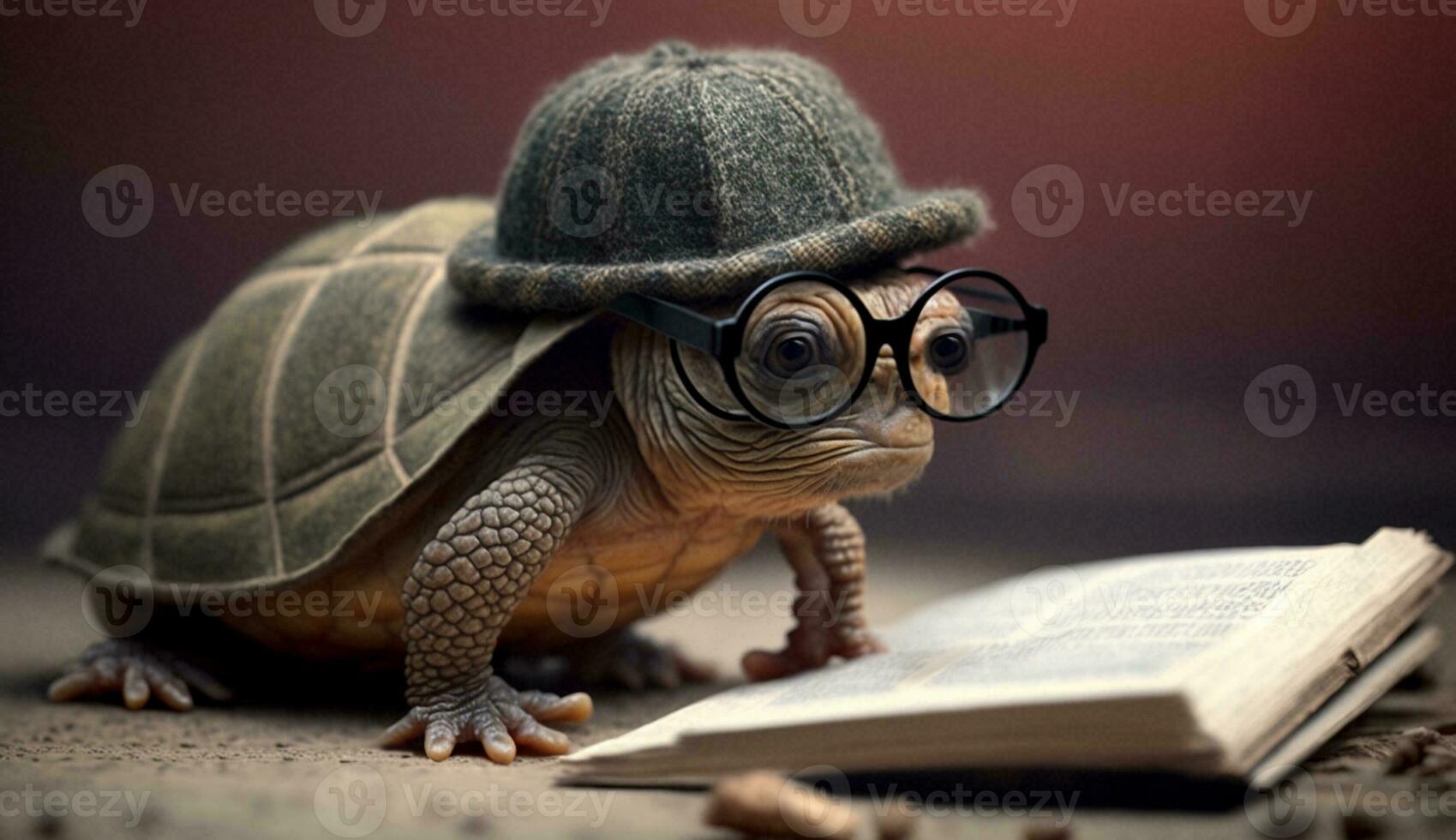 A turtle wearing glasses and a hat  reads books. Generative AI. photo