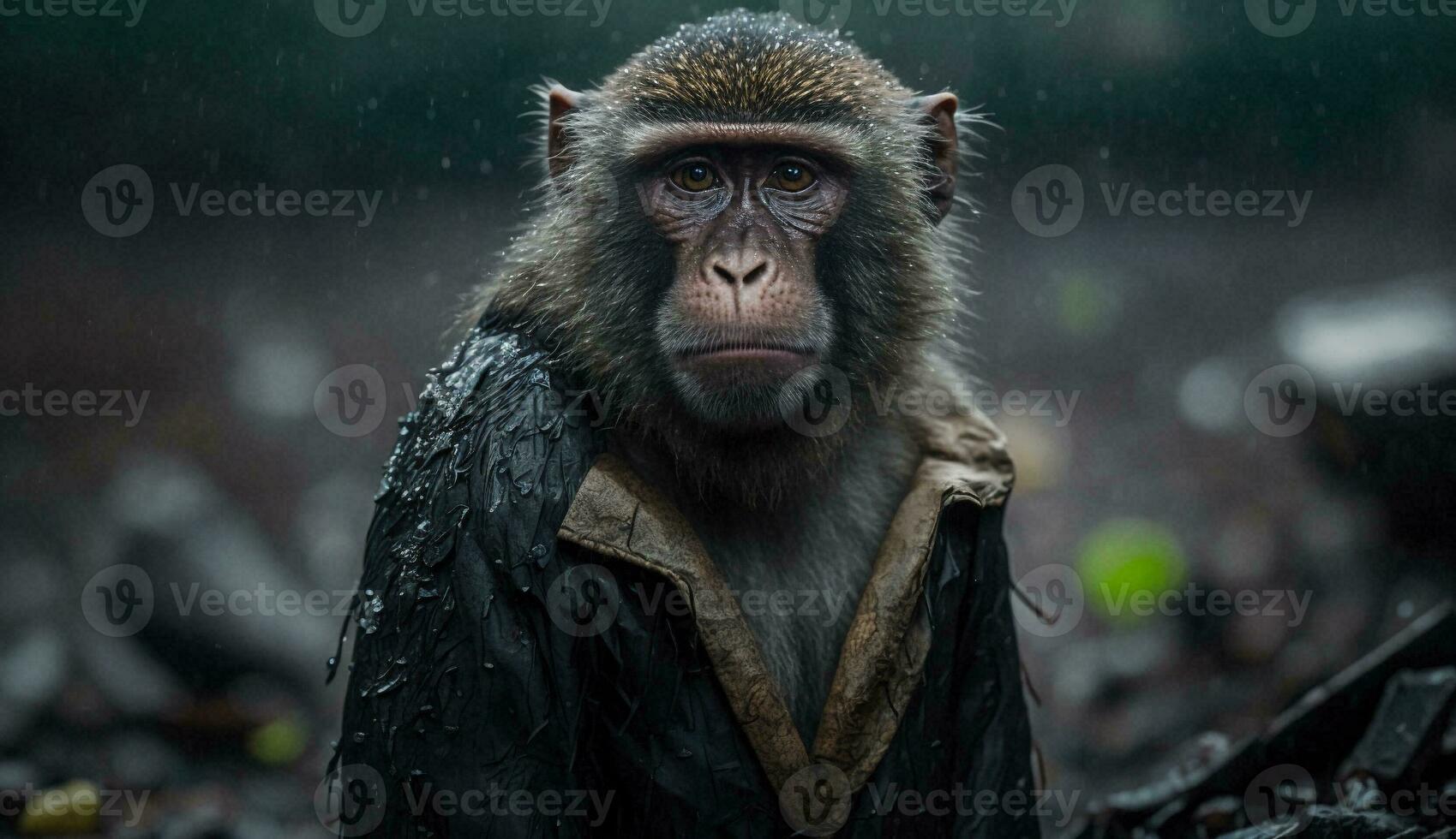A monkey standing among the piles of plastic with looking for food and accommodation, Concept of saving the world. Generative AI. photo