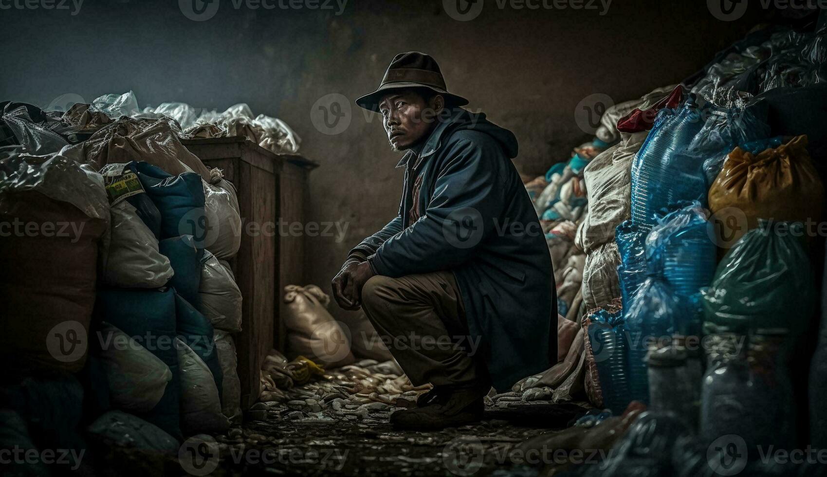 Image of a man with a big pile of garbage,stands among the piles of plastic waste looking for food and shelter, Concept of saving the world. Generative AI. photo