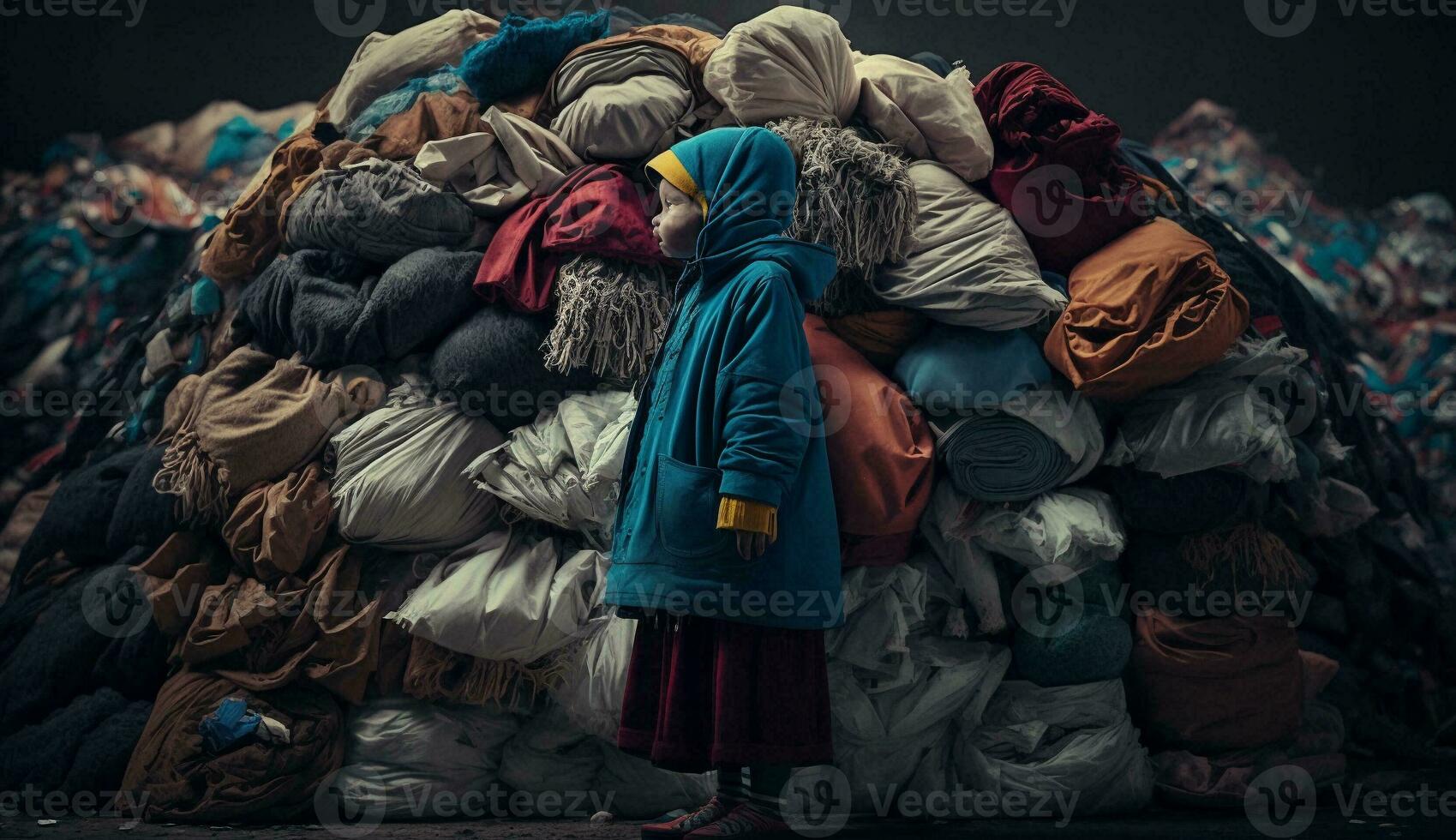 Image of a man with a big pile of garbage,stands among the piles of plastic waste looking for food and shelter, Concept of saving the world. Generative AI. photo