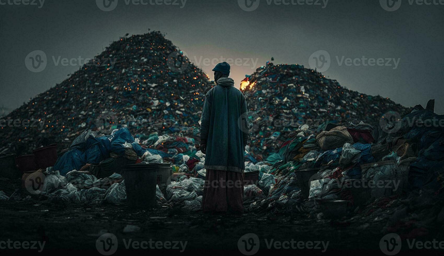 Image of a man with a big pile of garbage,stands among the piles of plastic waste looking for food and shelter, Concept of saving the world. Generative AI. photo