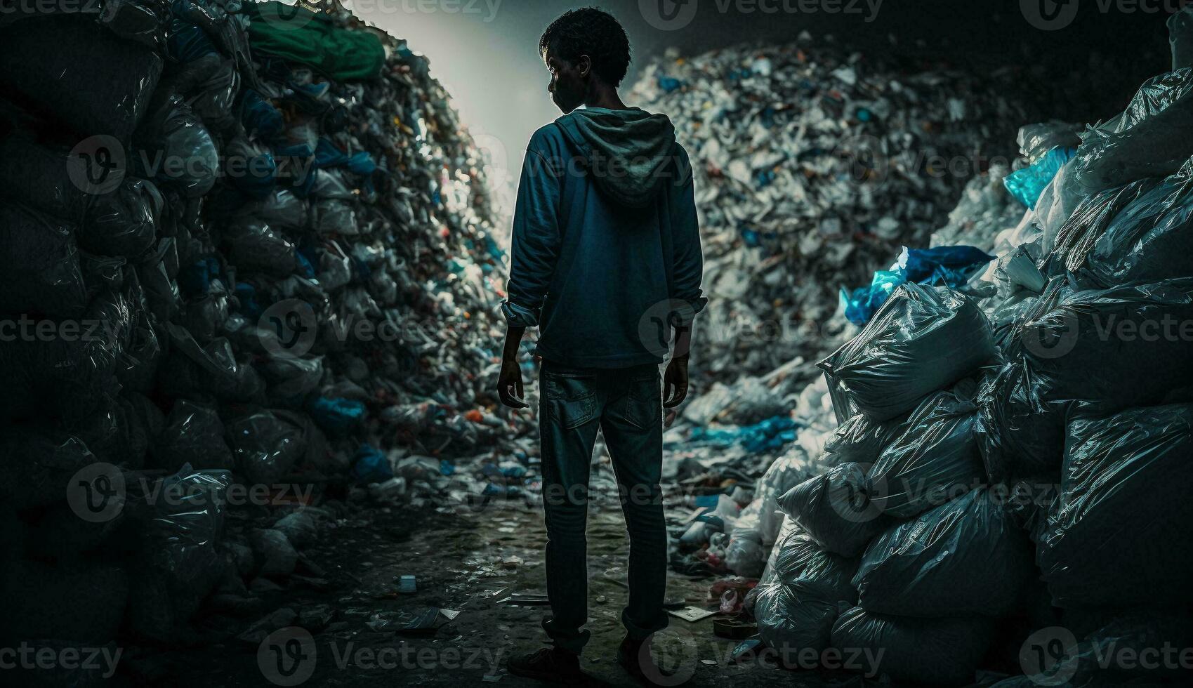 Image of a man with a big pile of garbage,stands among the piles of plastic waste looking for food and shelter, Concept of saving the world. Generative AI. photo
