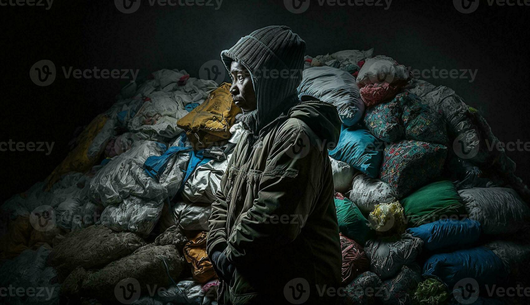 Image of a man with a big pile of garbage,stands among the piles of plastic waste looking for food and shelter, Concept of saving the world. Generative AI. photo