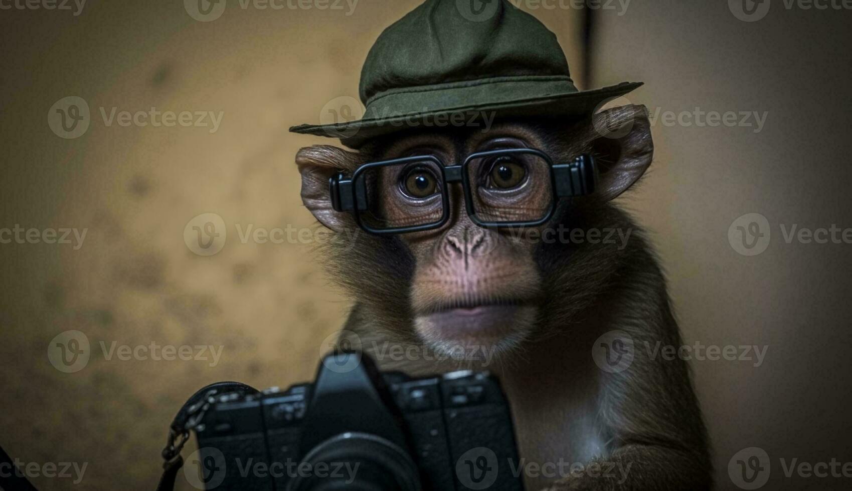 Monkey wearing glasses holding a camera poses for a photo, photo