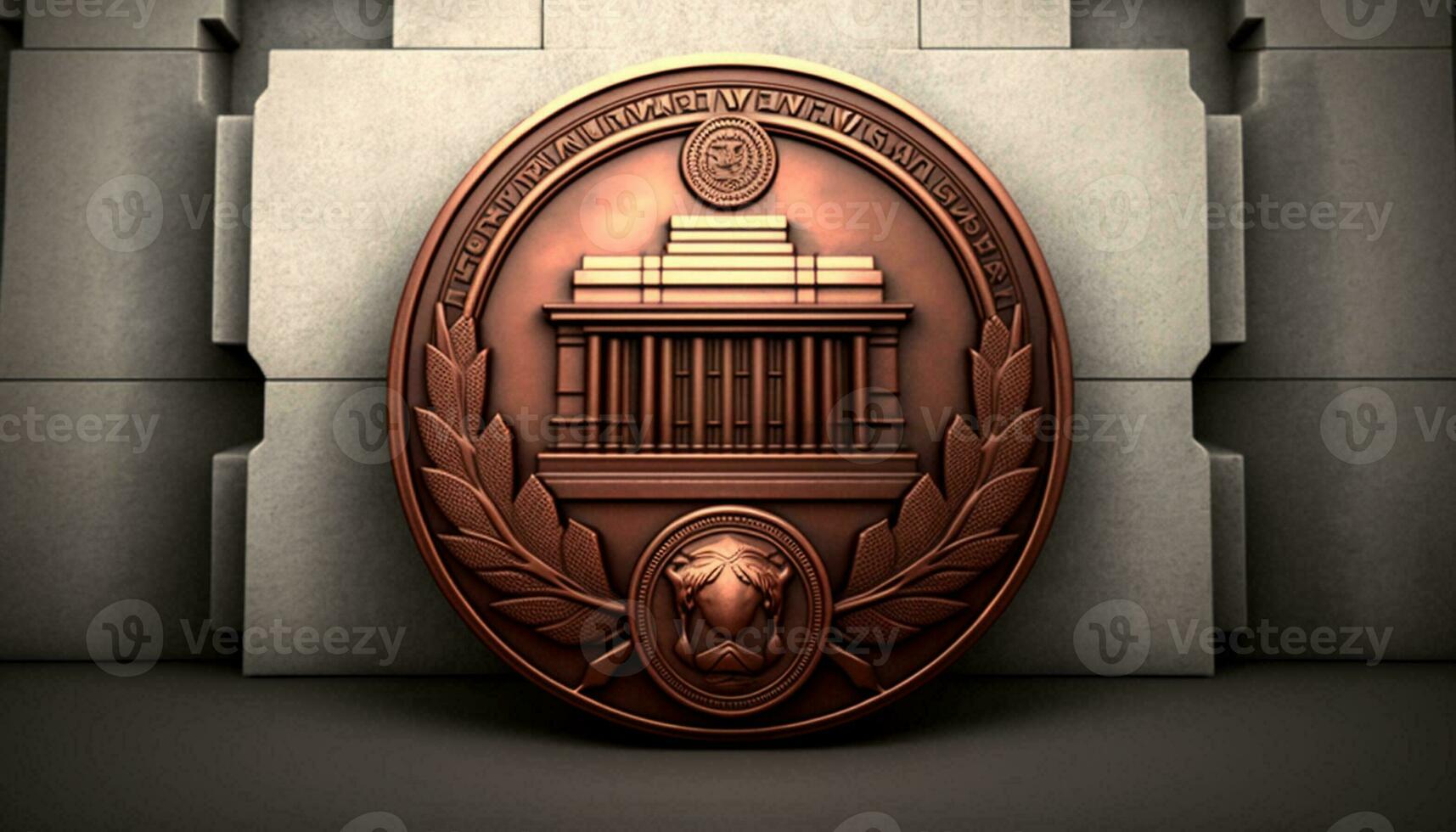 Bronze medal icon Placed on a reddish gray central bank. Generative AI. photo