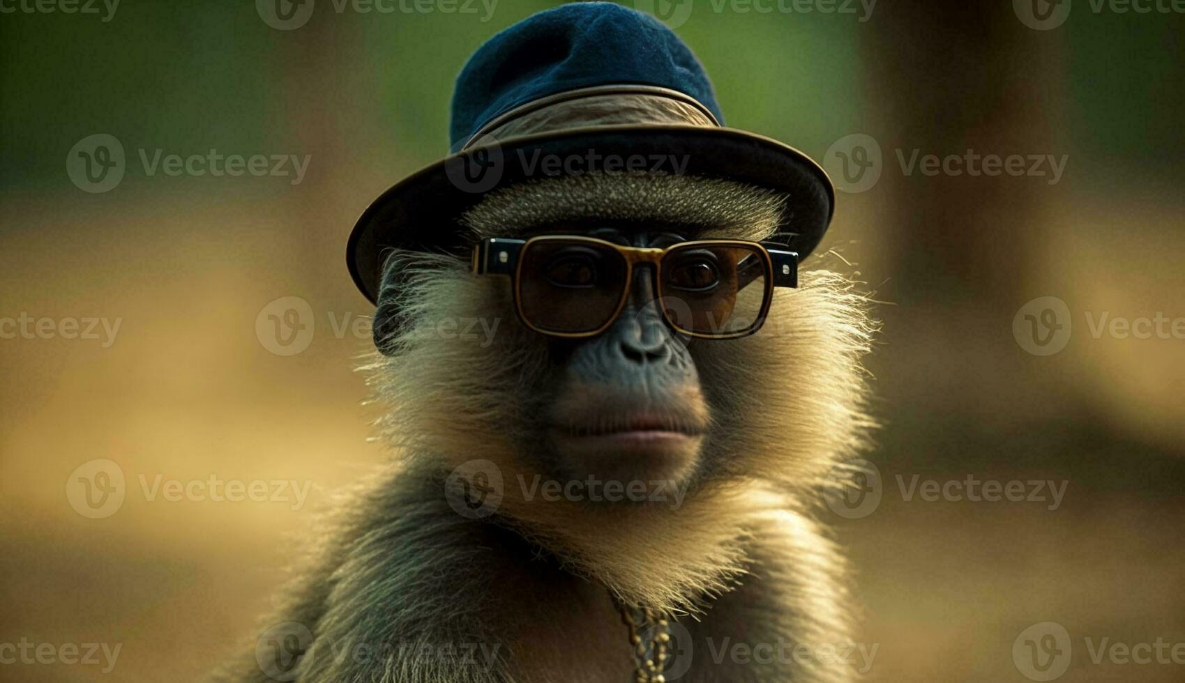 Monkey wearing glasses holding a camera poses for a photo, photo