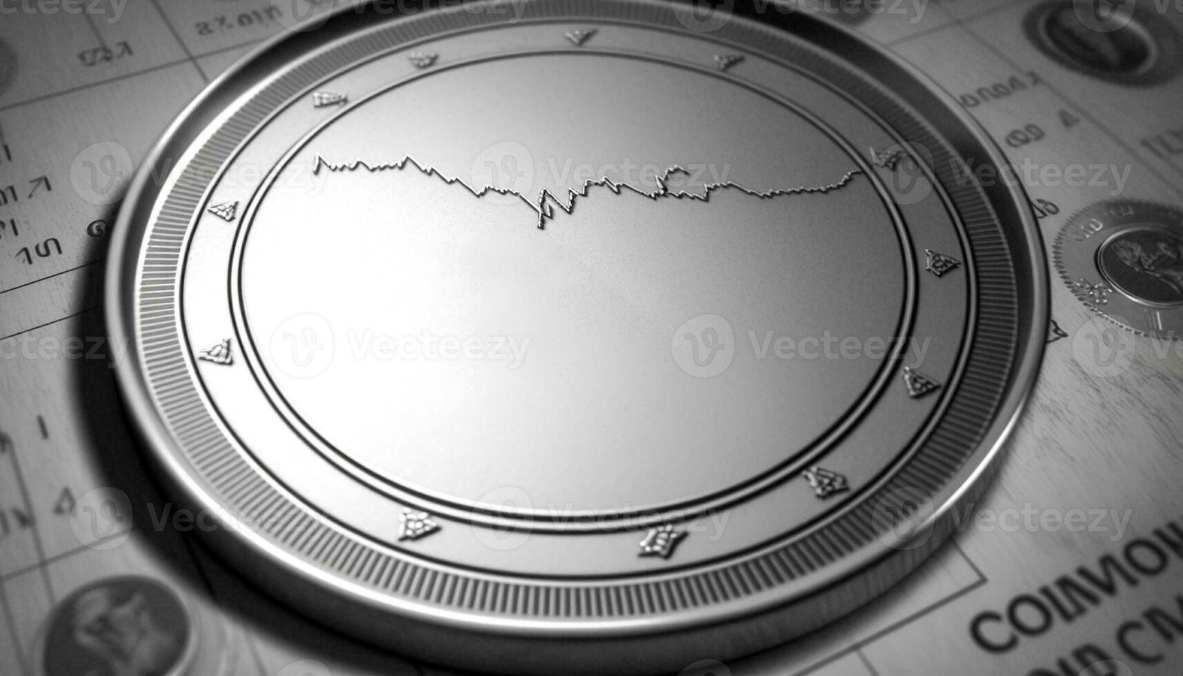 A silver coin icon laced on a silvery gray stock chart. Generative AI. photo