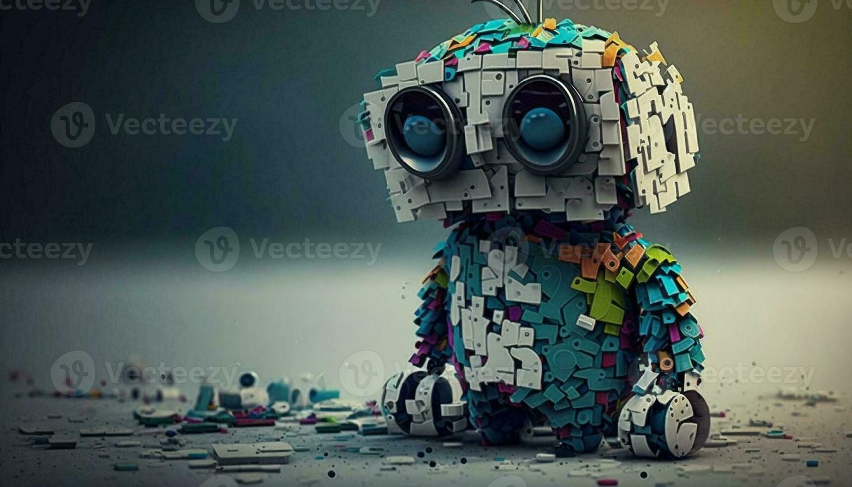 Cute introverted robot jigsaw puzzle. Generative AI. photo