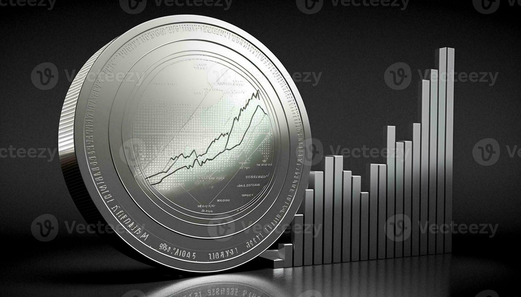 A silver coin icon laced on a silvery gray stock chart. Generative AI. photo