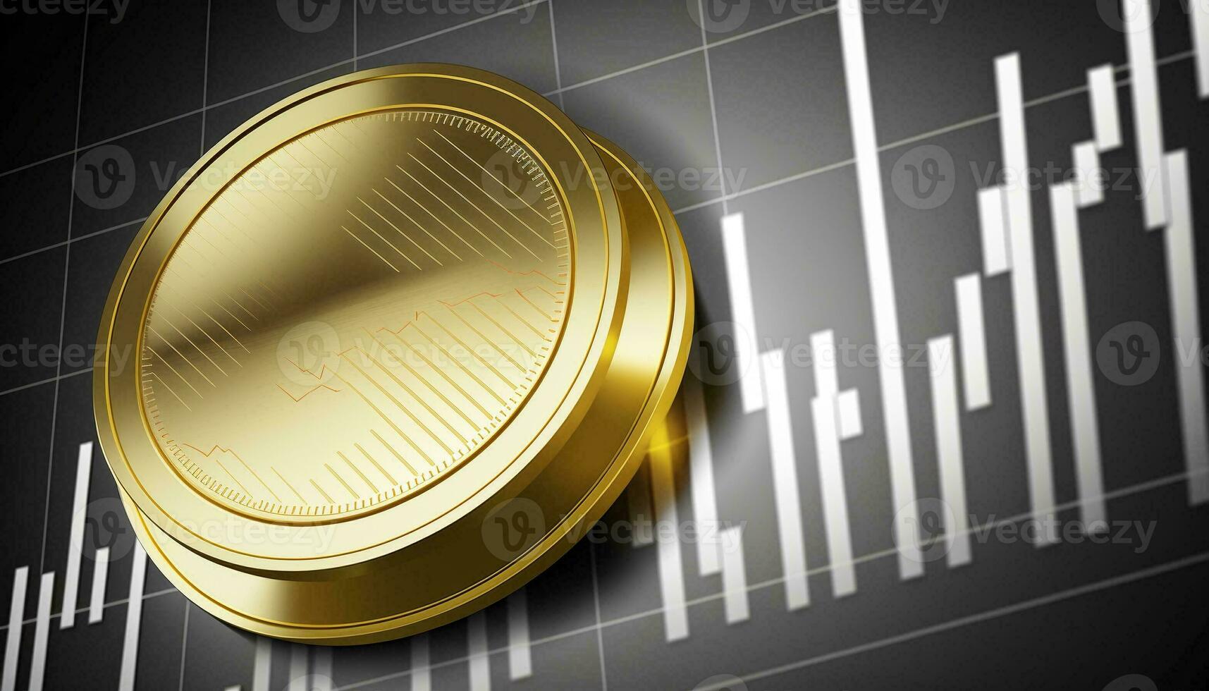 The gold coin icon is placed on a silvery gray stock chart. Generative AI. photo