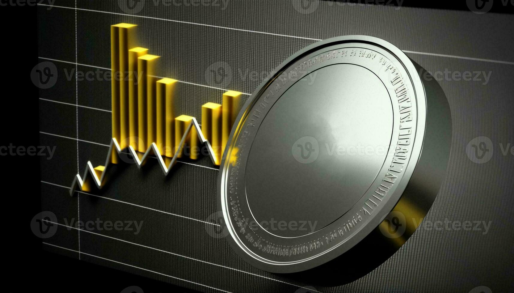 A silver coin icon laced on a silvery gray stock chart. Generative AI. photo