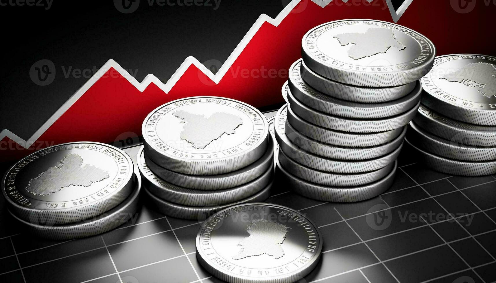 A silver coin icon laced on a silvery gray stock chart. Generative AI. photo