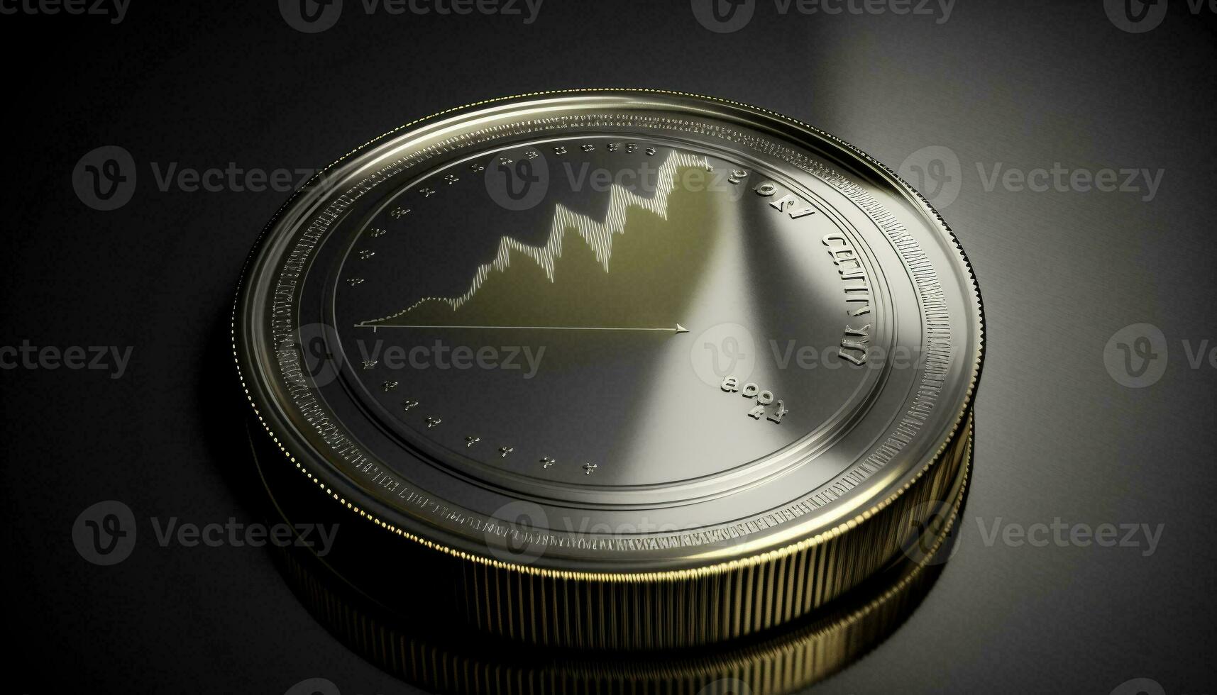 A silver coin icon laced on a silvery gray stock chart. Generative AI. photo