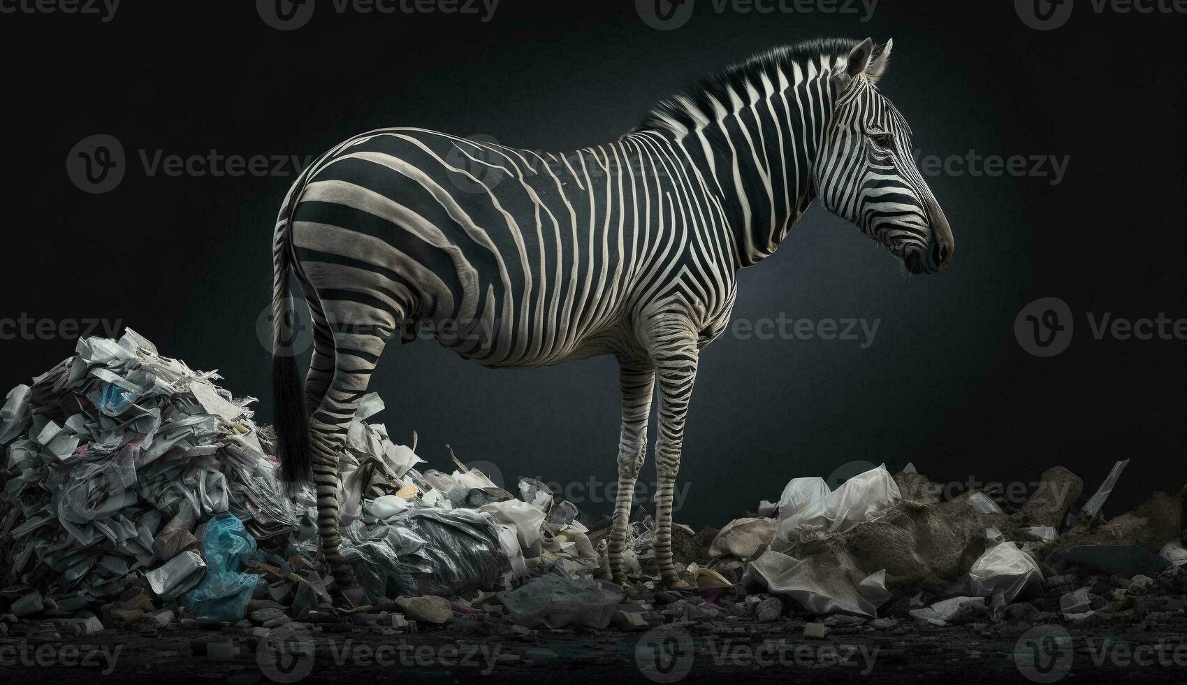 A zebra stands near a pile of plastic waste,Concept of saving the world. Generative AI. photo