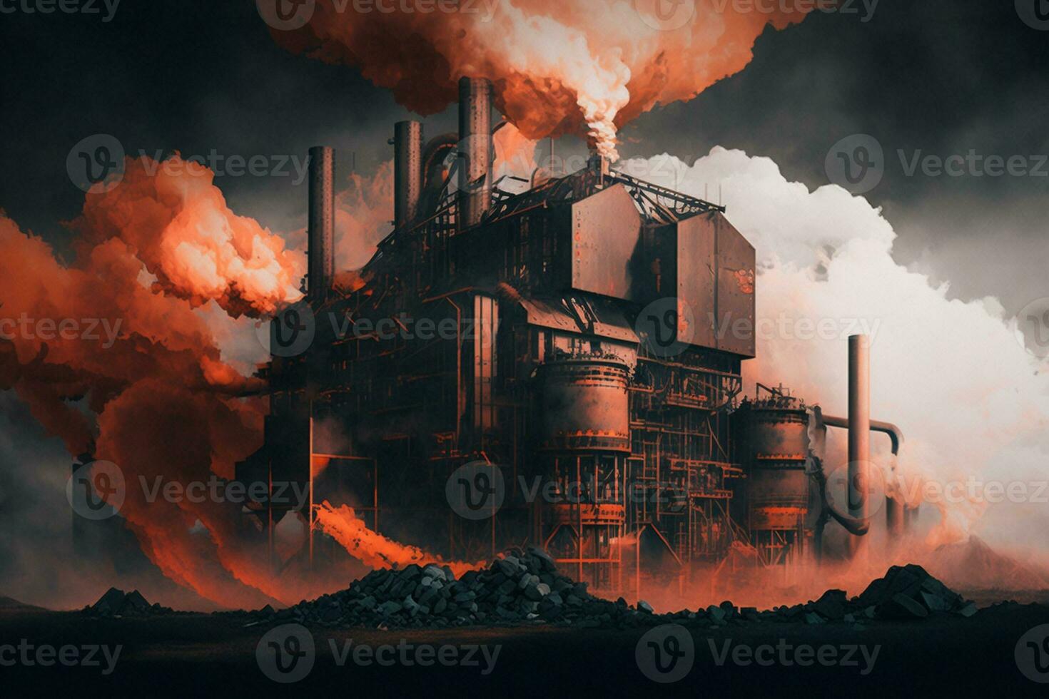 Chimney and black smoke above chemical industry at sunset. AI Generative. photo