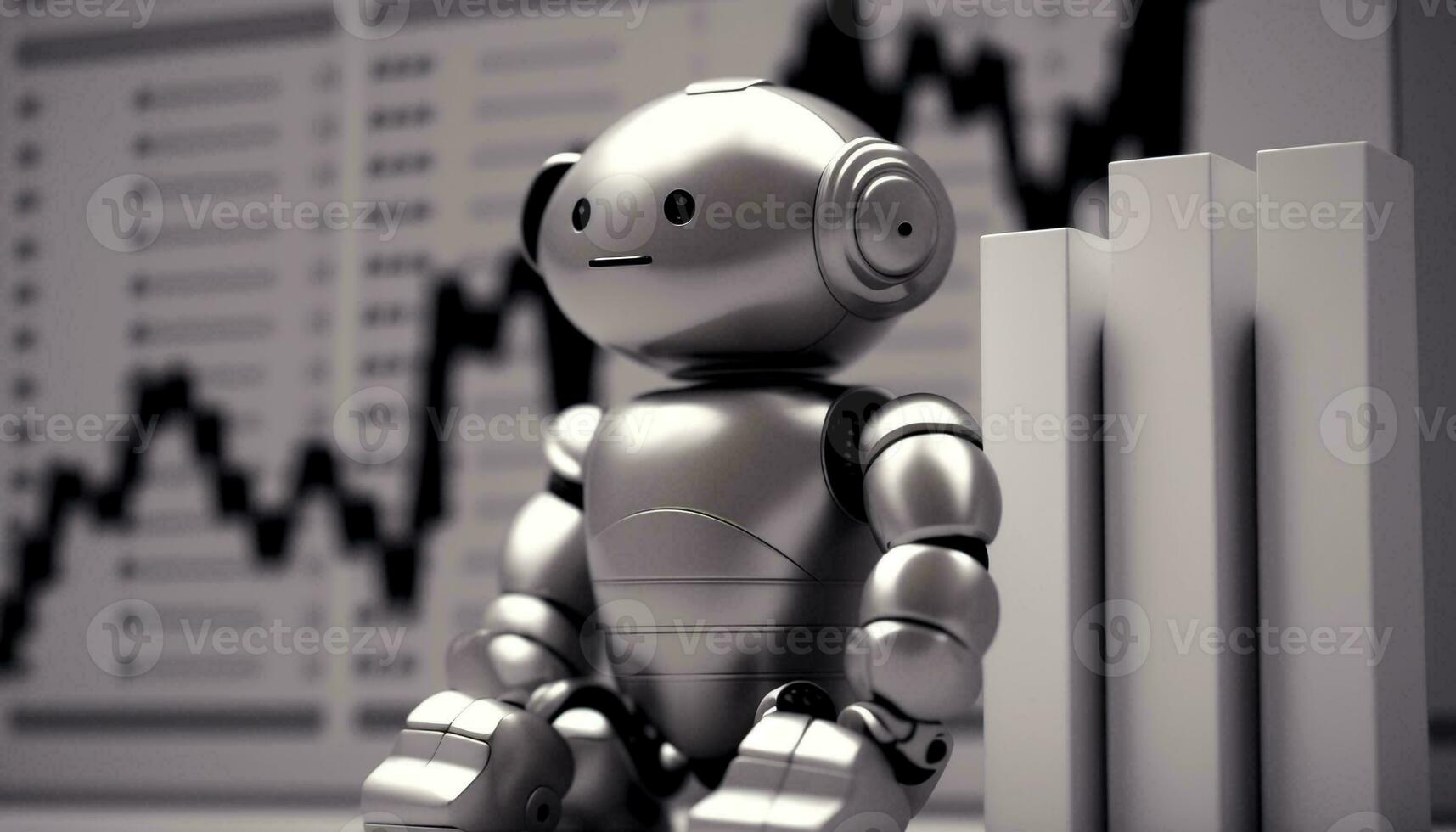 Bank and robot icons on graph chart background. Generative AI. photo