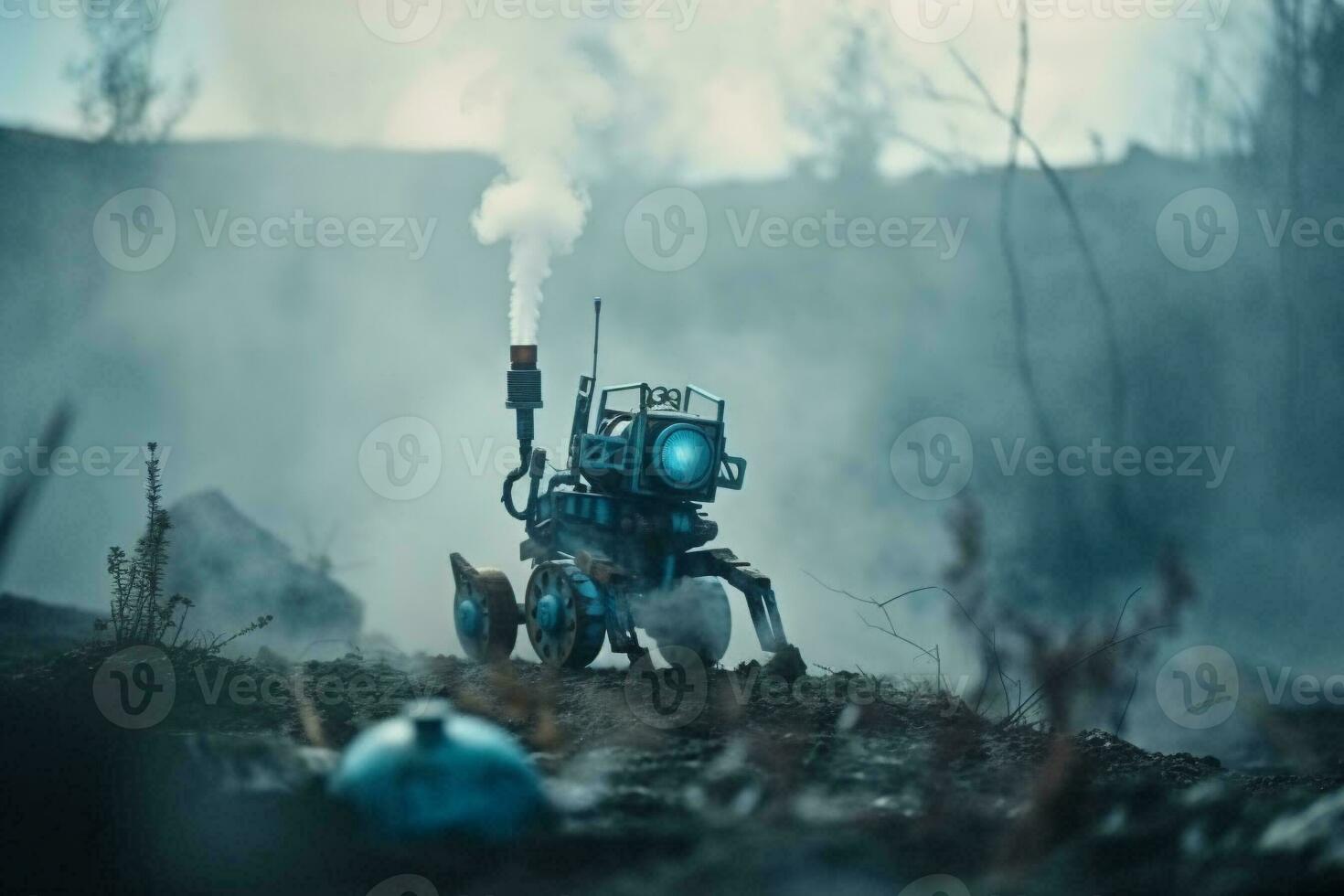 un robot con un destruido ciudad después el final de el mundo. ai generativo. foto