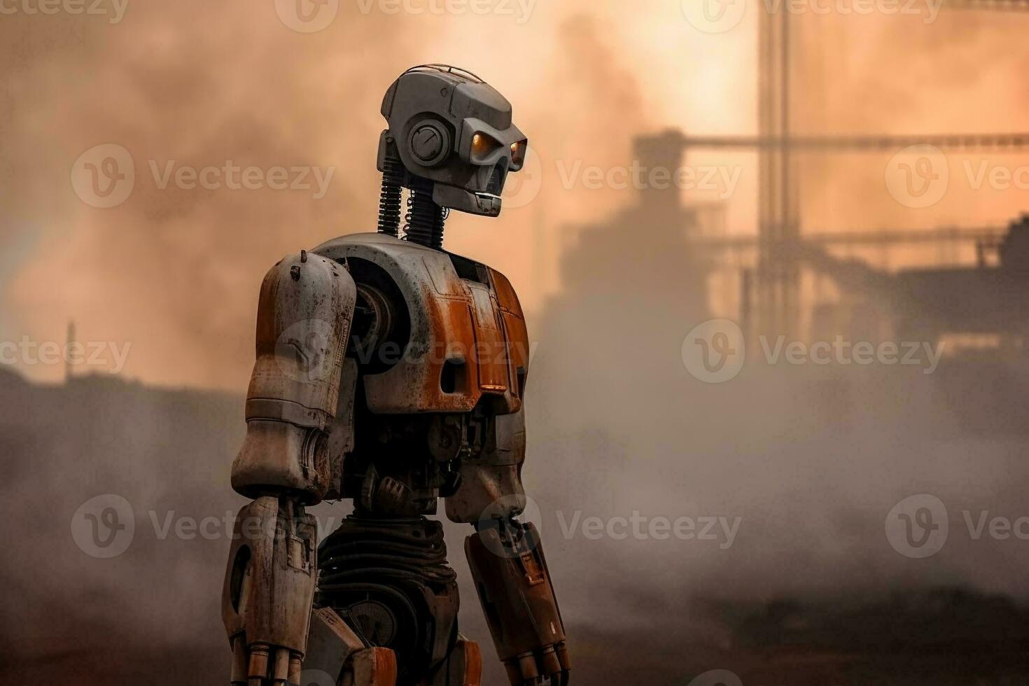 A robot with a destroyed city after the end of the world. AI Generative. photo