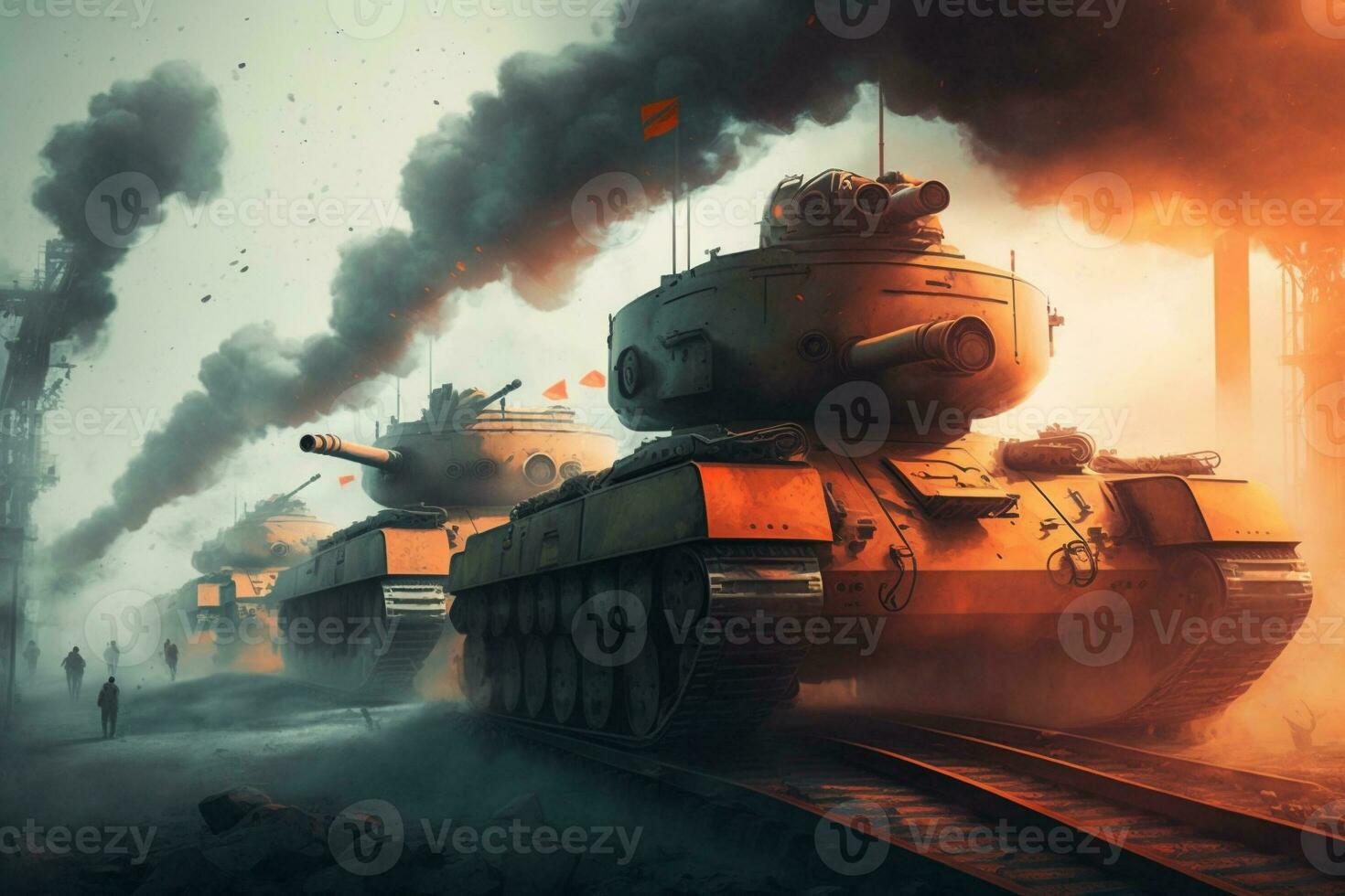 Army tank in the field of battle,Concept of war. AI Generative. photo