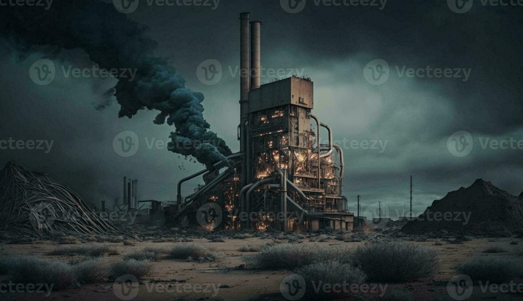 Chimney and black smoke above chemical industry at sunset. AI Generative. photo