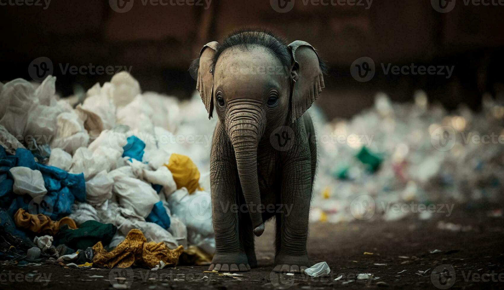 An elephant stands among the piles of plastic waste looking for food and shelter, Concept of saving the world. Generative AI. photo