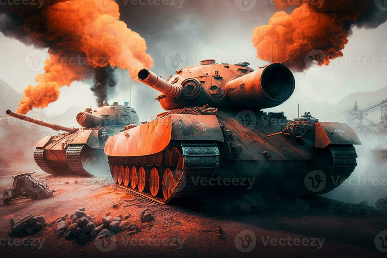 Army tank in the field of battle,Concept of war. AI Generative. photo