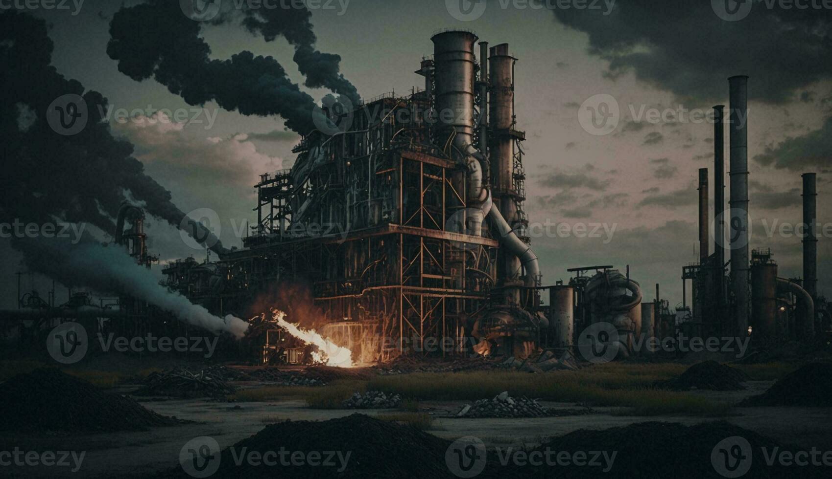 Chimney and black smoke above chemical industry at sunset. AI Generative. photo