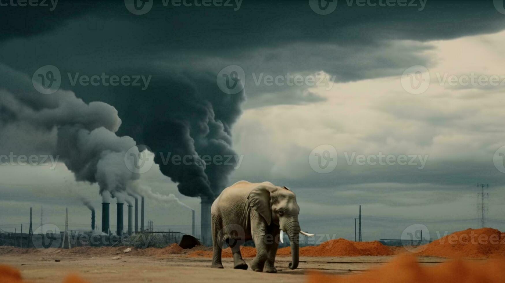 elephant stands watching a petrochemical refinery at sunrise. Generative AI. photo