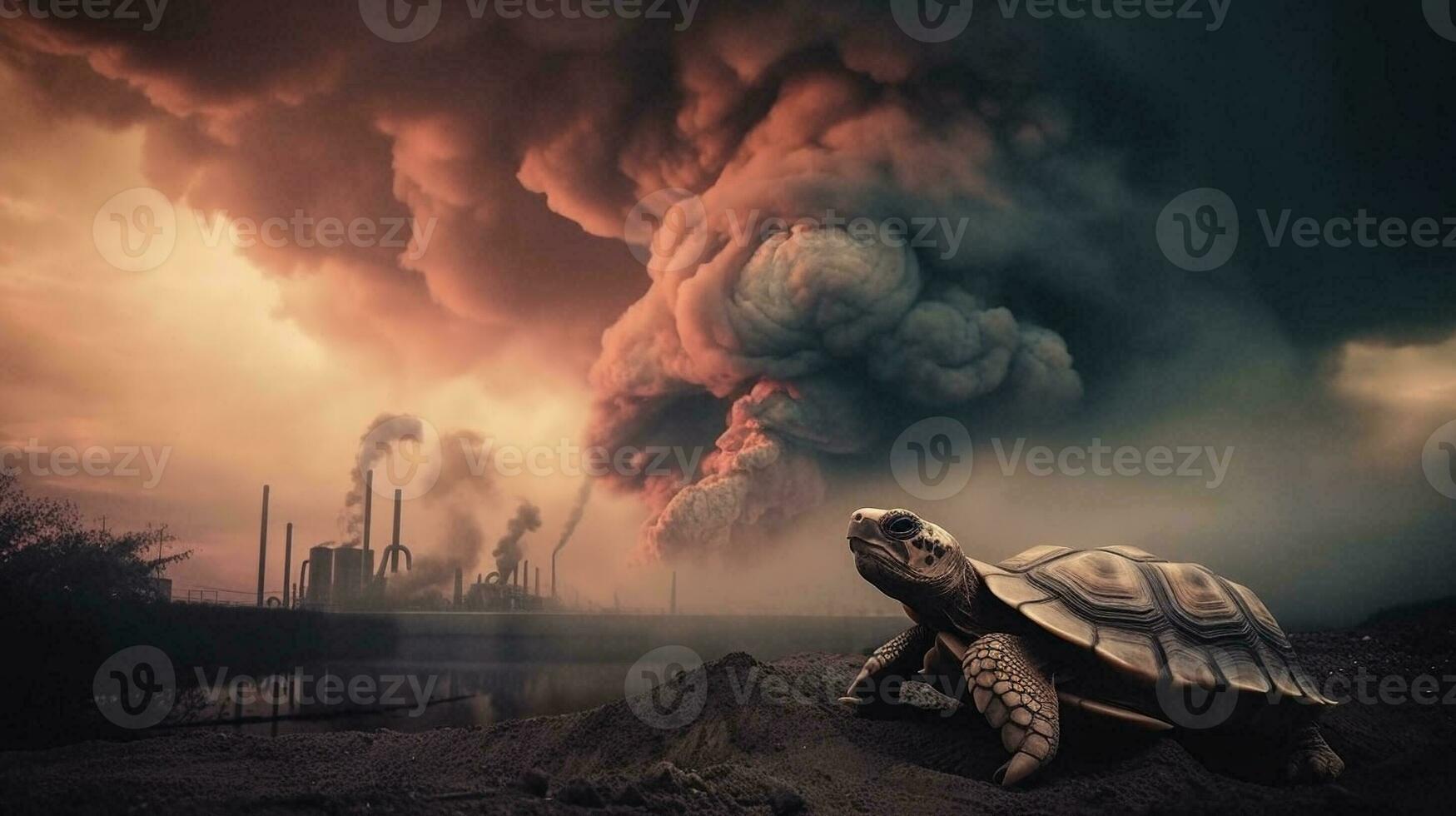 turtle standing looking at toxic fumes from a petrochemical refinery at sunrise. Generative AI. photo