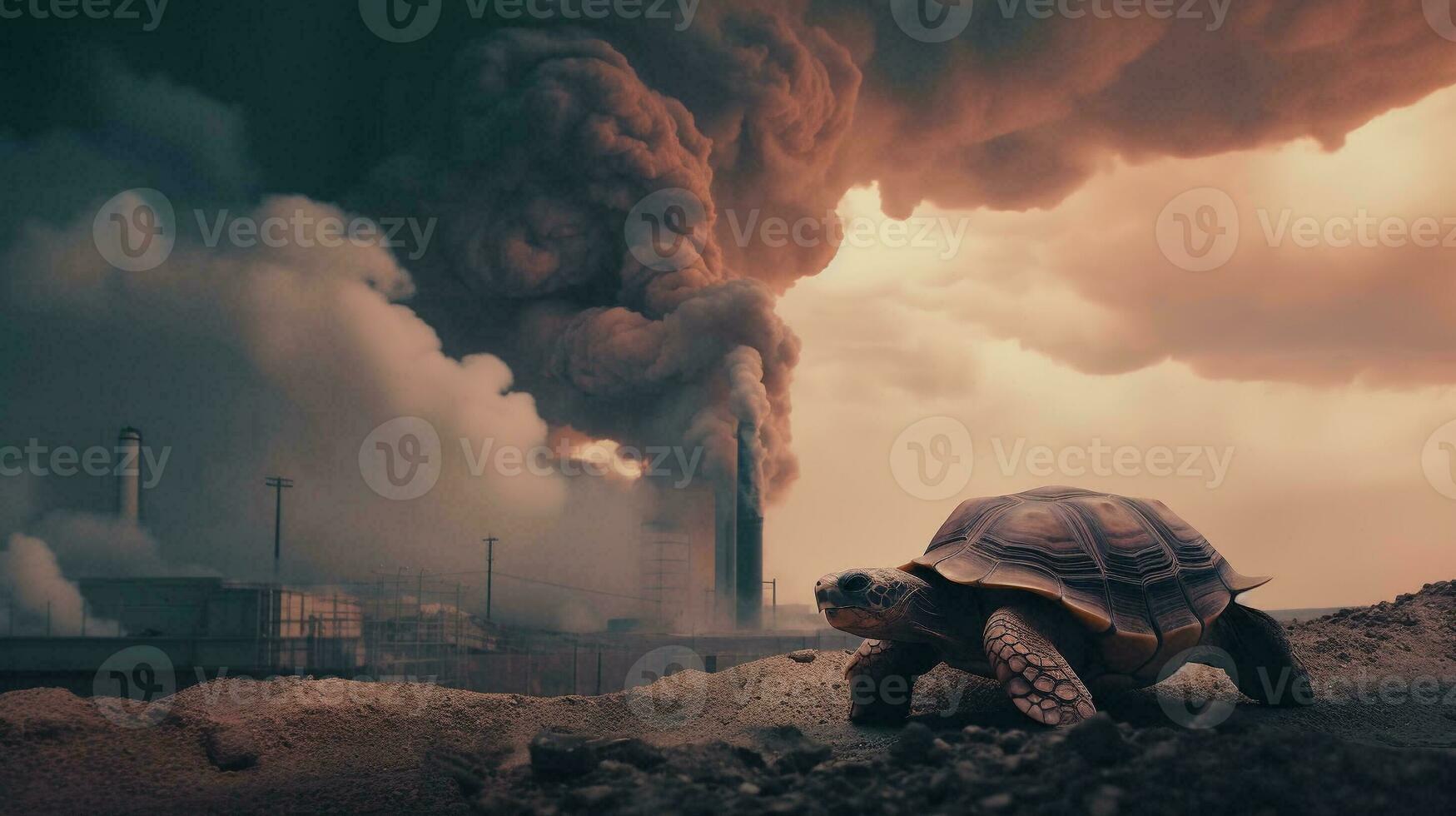 turtle standing looking at toxic fumes from a petrochemical refinery at sunrise. Generative AI. photo